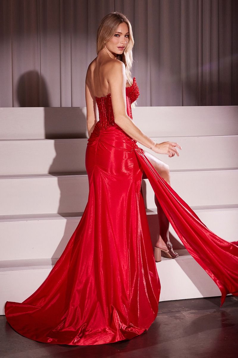 LaDivine CM369 Slit Long Formal Fitted Corset Prom Dress
