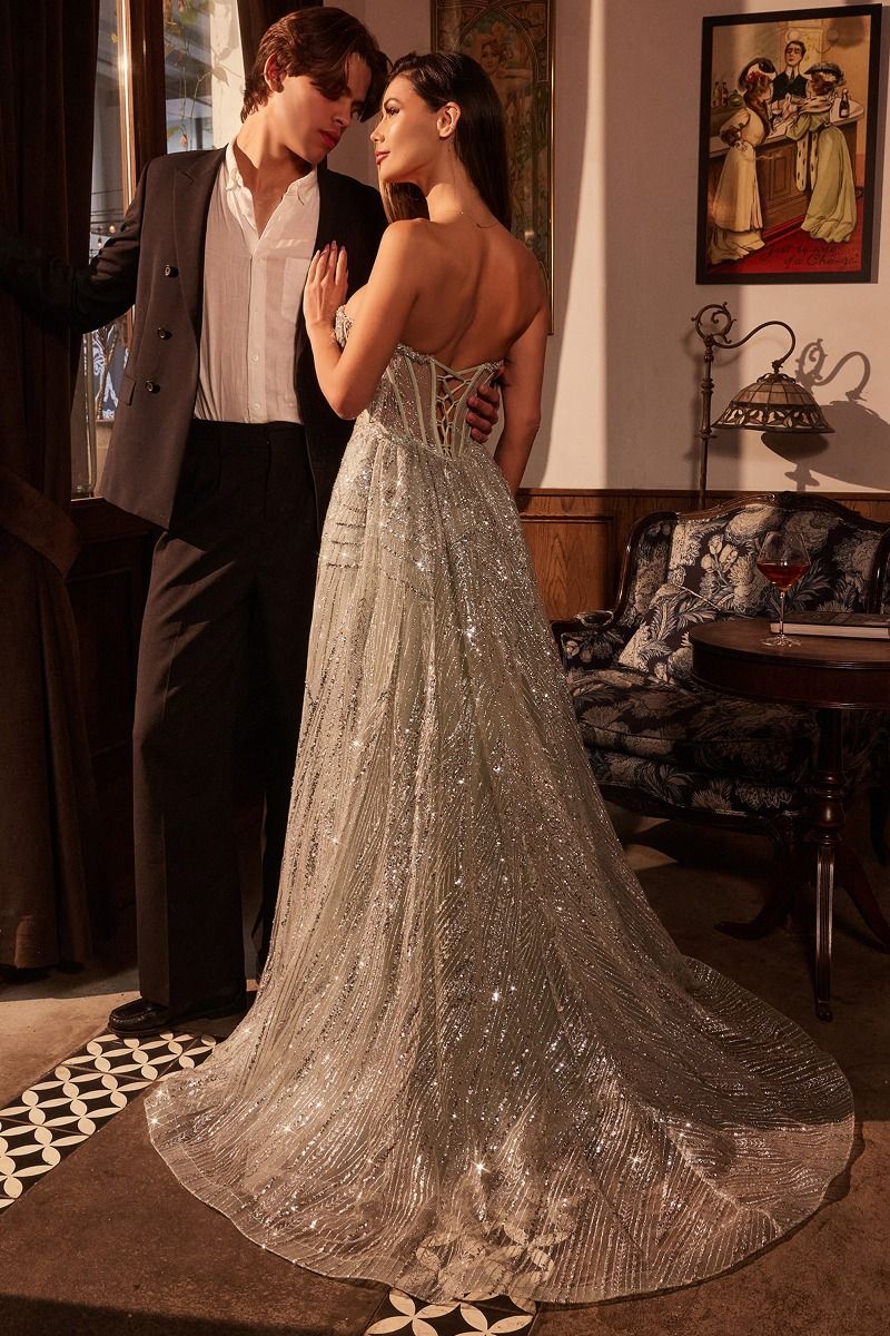 LaDivine CM384 Long Formal Glitter Print Overskirt Prom Dress