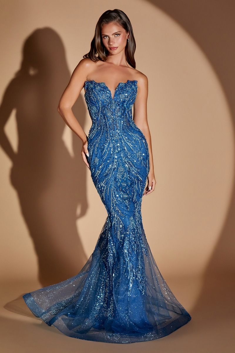 Blue Sweetheart Floor-Length Sequin Mesh Prom Mermaid Gown LaDivine CM393