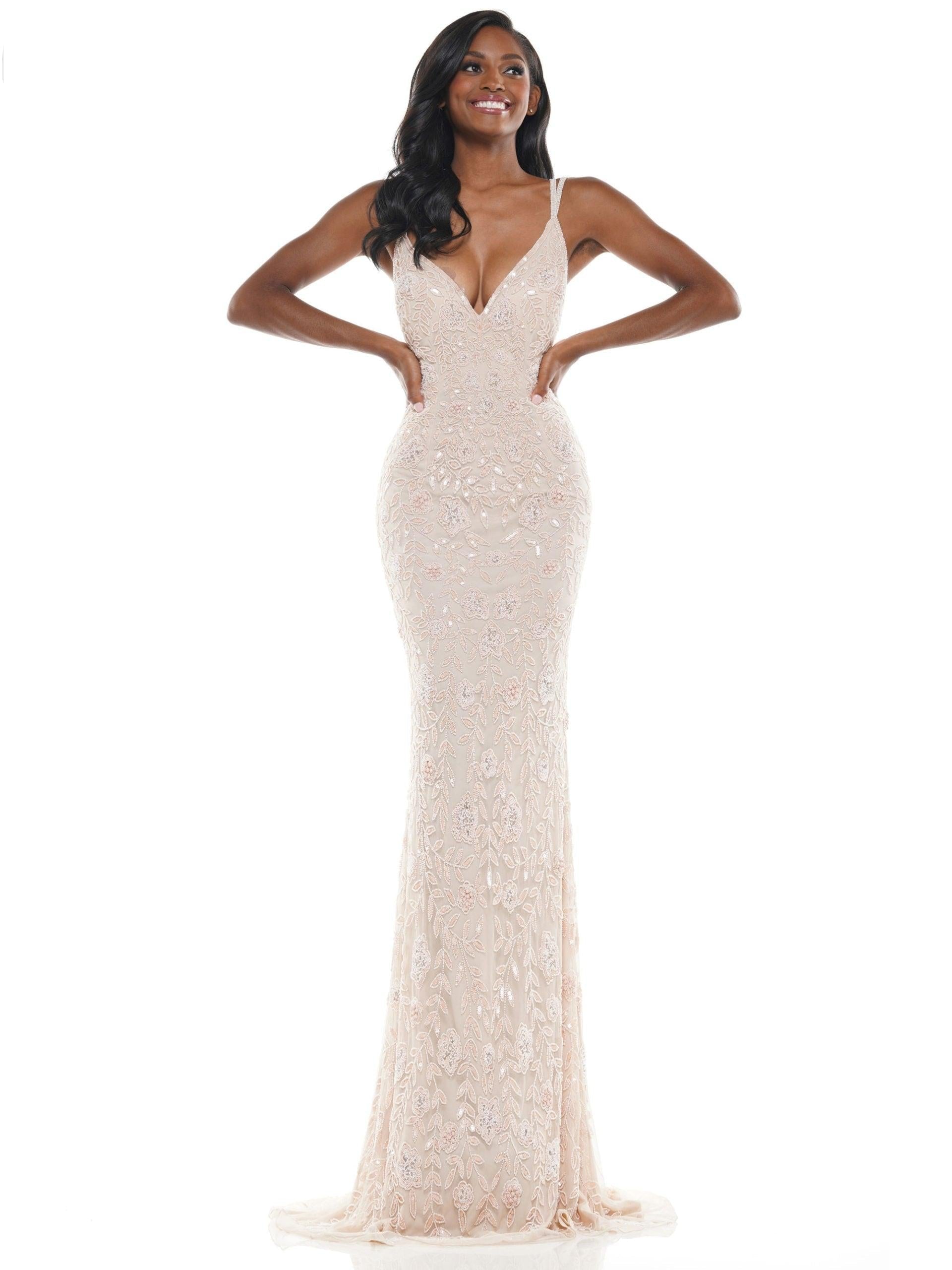 Colors Long Spaghetti Strap Beaded prom Dress 115 - The Dress Outlet