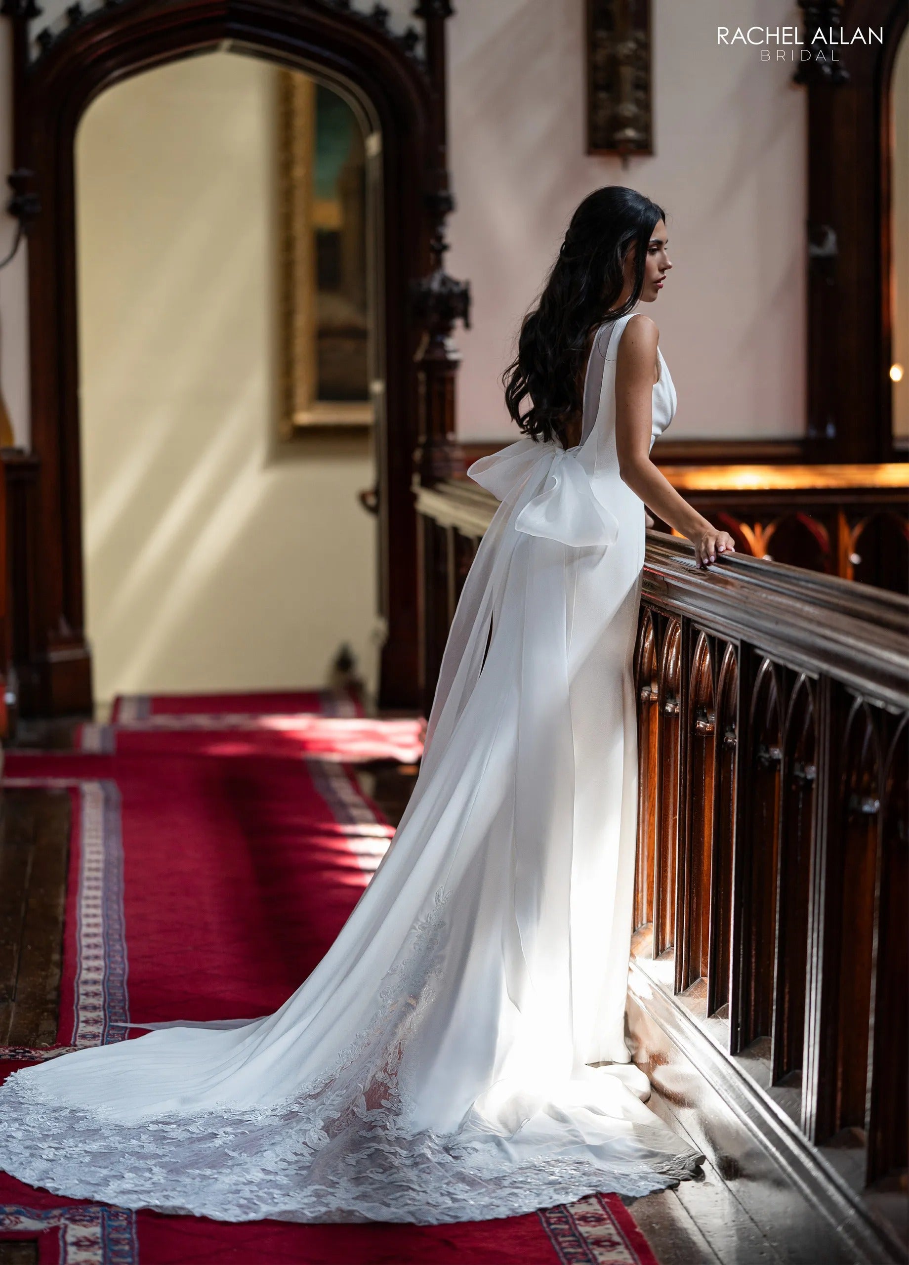 Ivory V-Neck Floor-Length Crepe Wedding Mermaid Gown with Organza Bow Rachel Allan RB4232