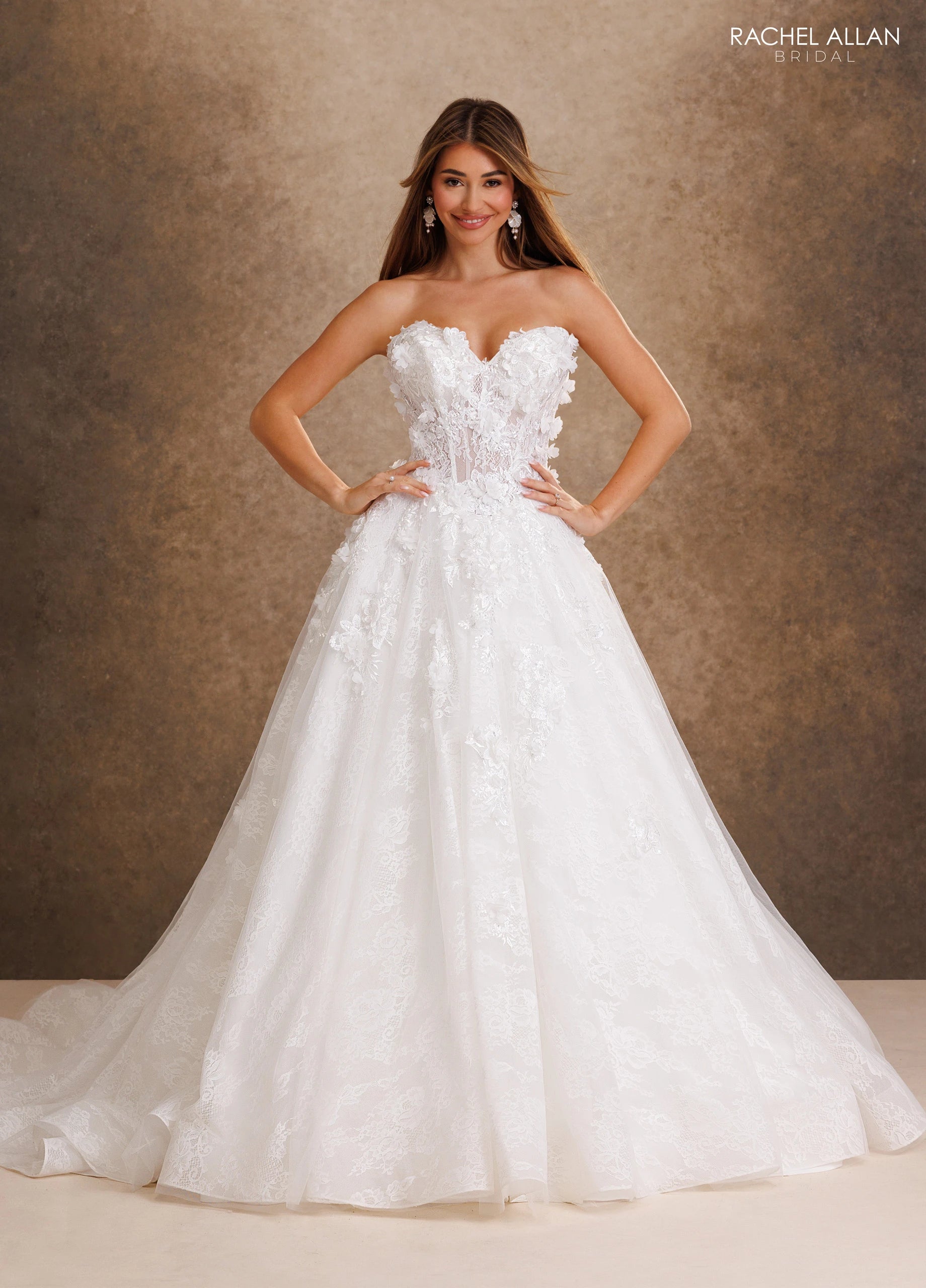 Strapless Curved Neck Floor-Length Lace Wedding Dress A-Line Rachel Allan RB4249