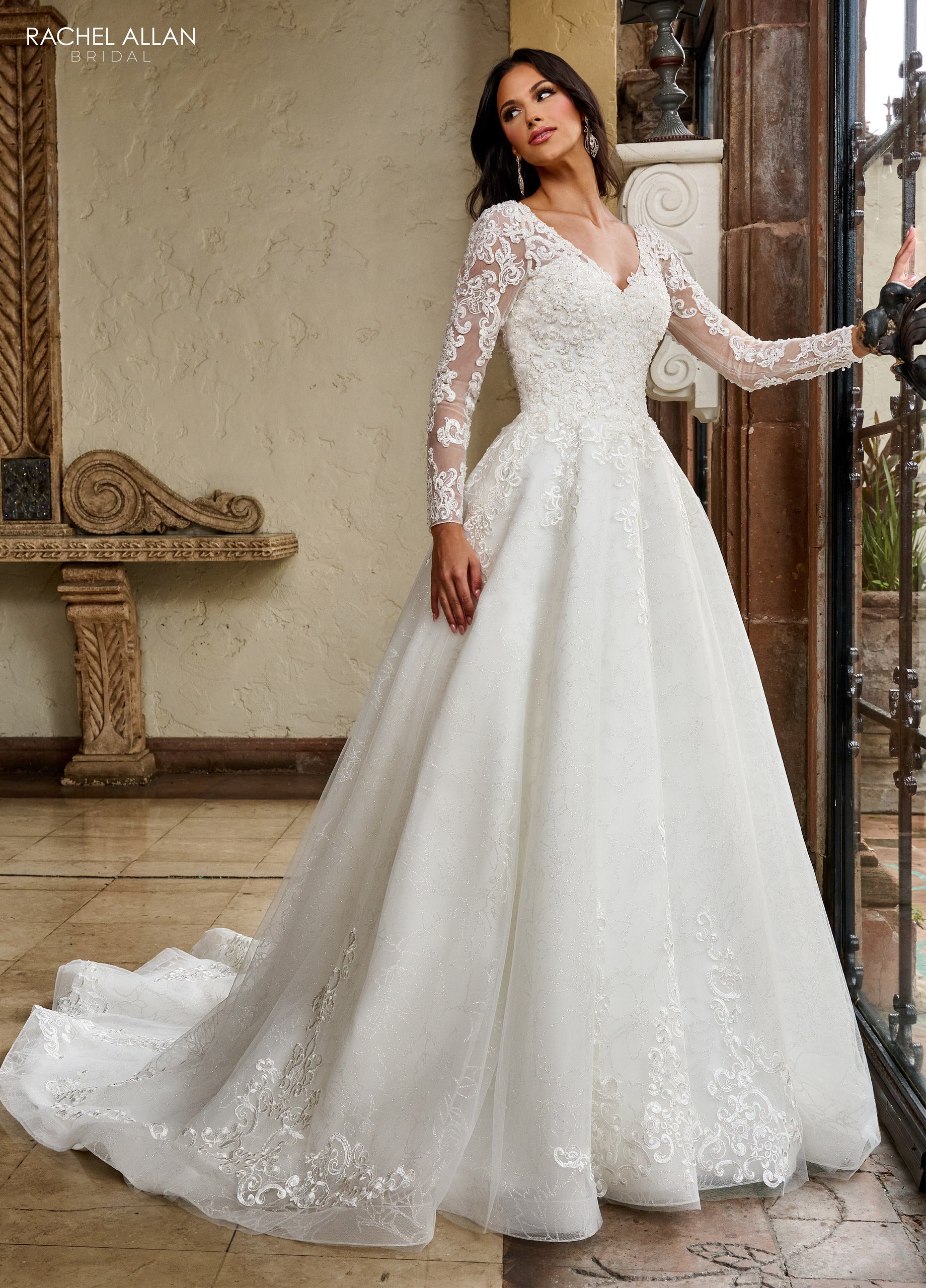 Rachel Allan RB4206 A Line Long Sleeve Glitter Wedding Dress