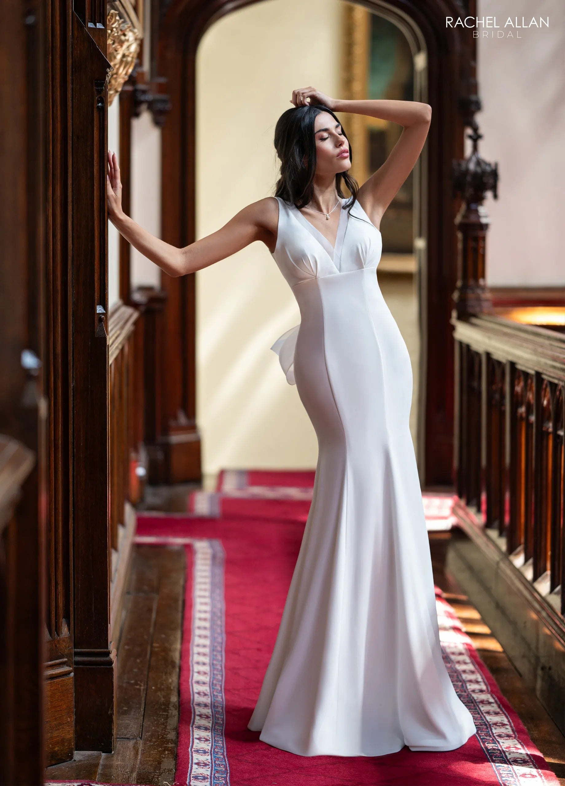 Ivory V-Neck Floor-Length Crepe Wedding Mermaid Gown with Organza Bow Rachel Allan RB4232