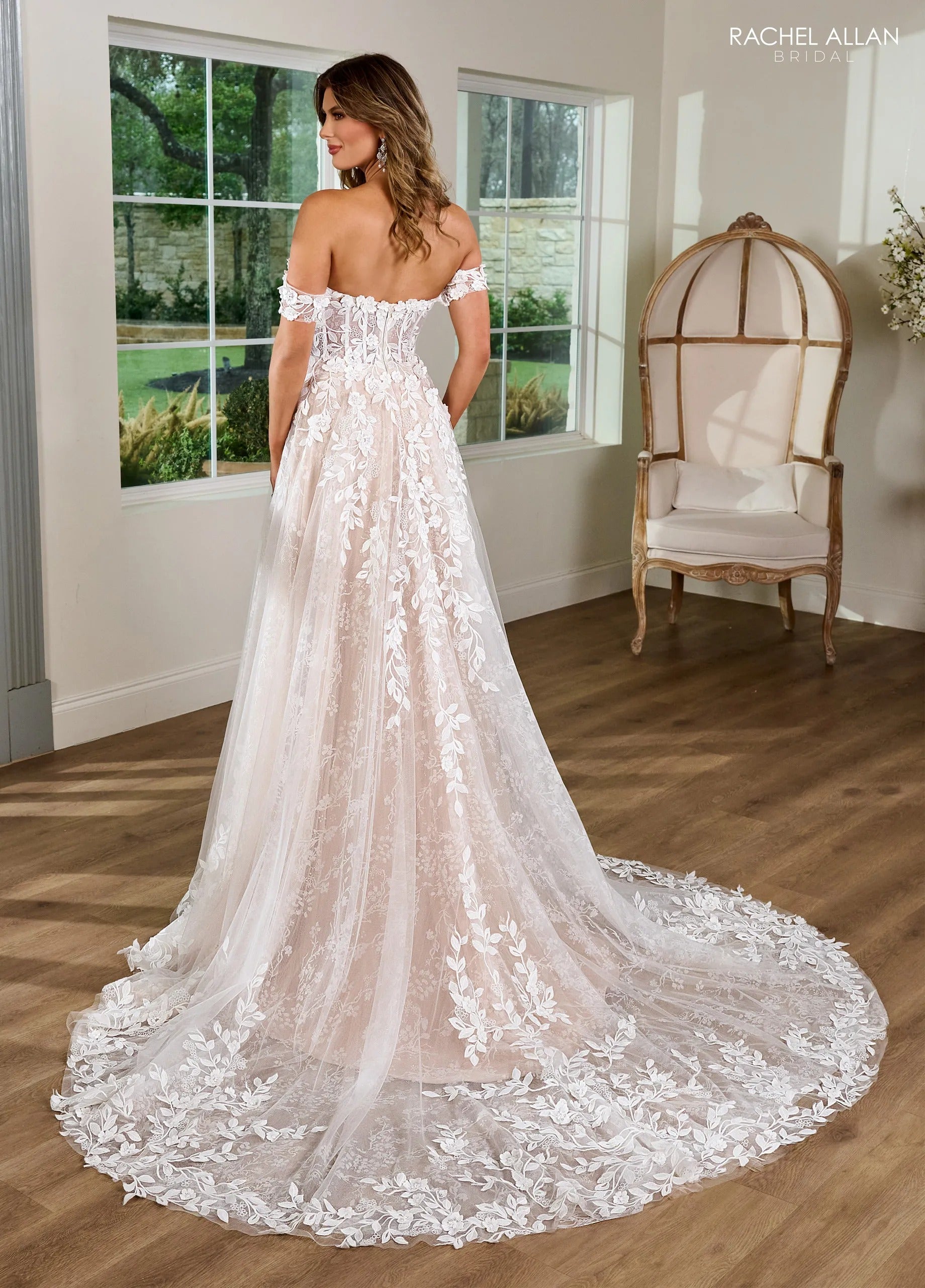 Ivory Nude Off-Shoulder Sweetheart Floor-Length Tulle Lace Bridal A-Line Gown with Train Rachel Allan RB4189