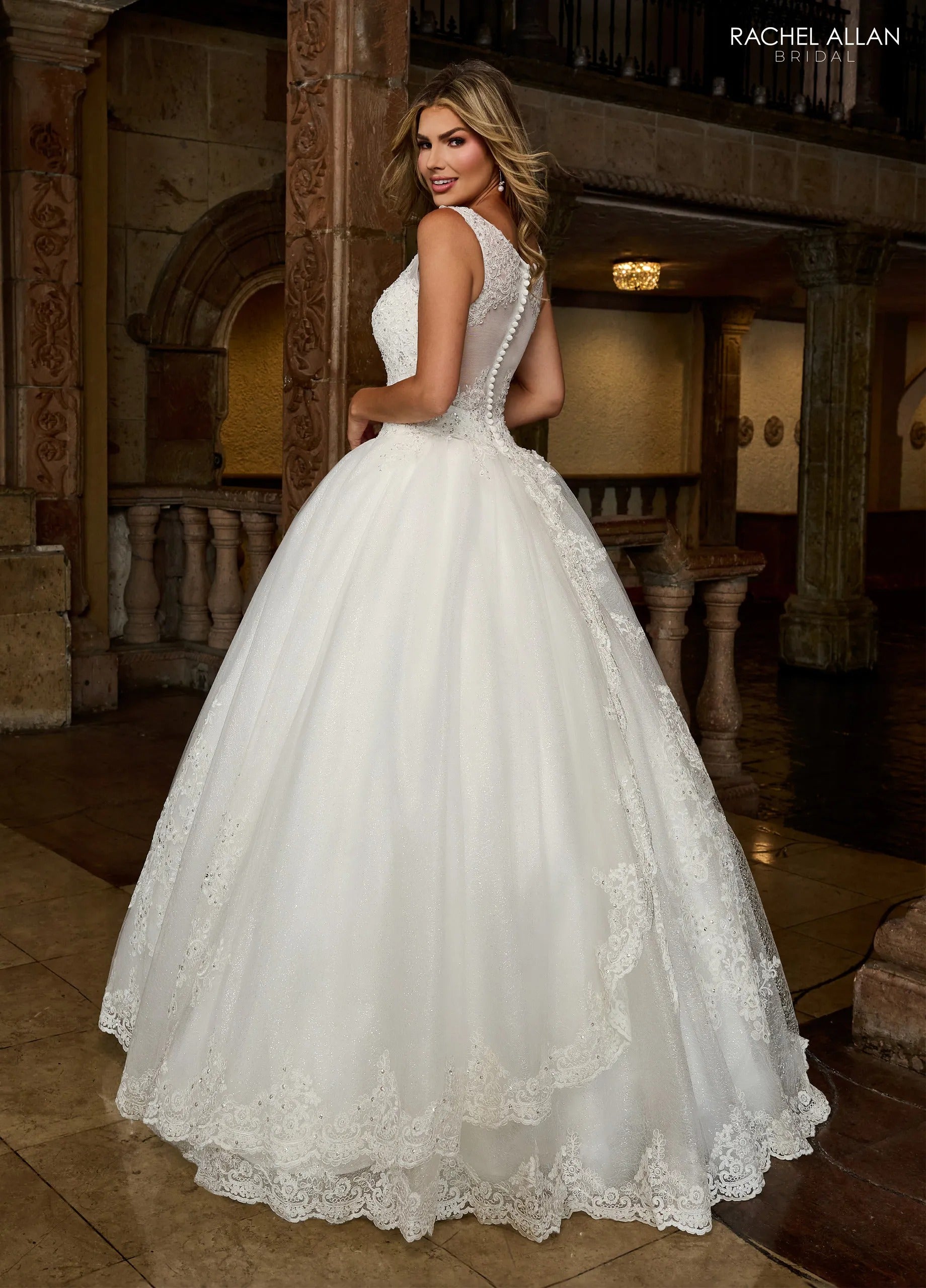 Ivory Illusion Sweetheart Floor-Length Sparkling Tulle Wedding Ball Gown with Detachable Royal Train Rachel Allan 6364
