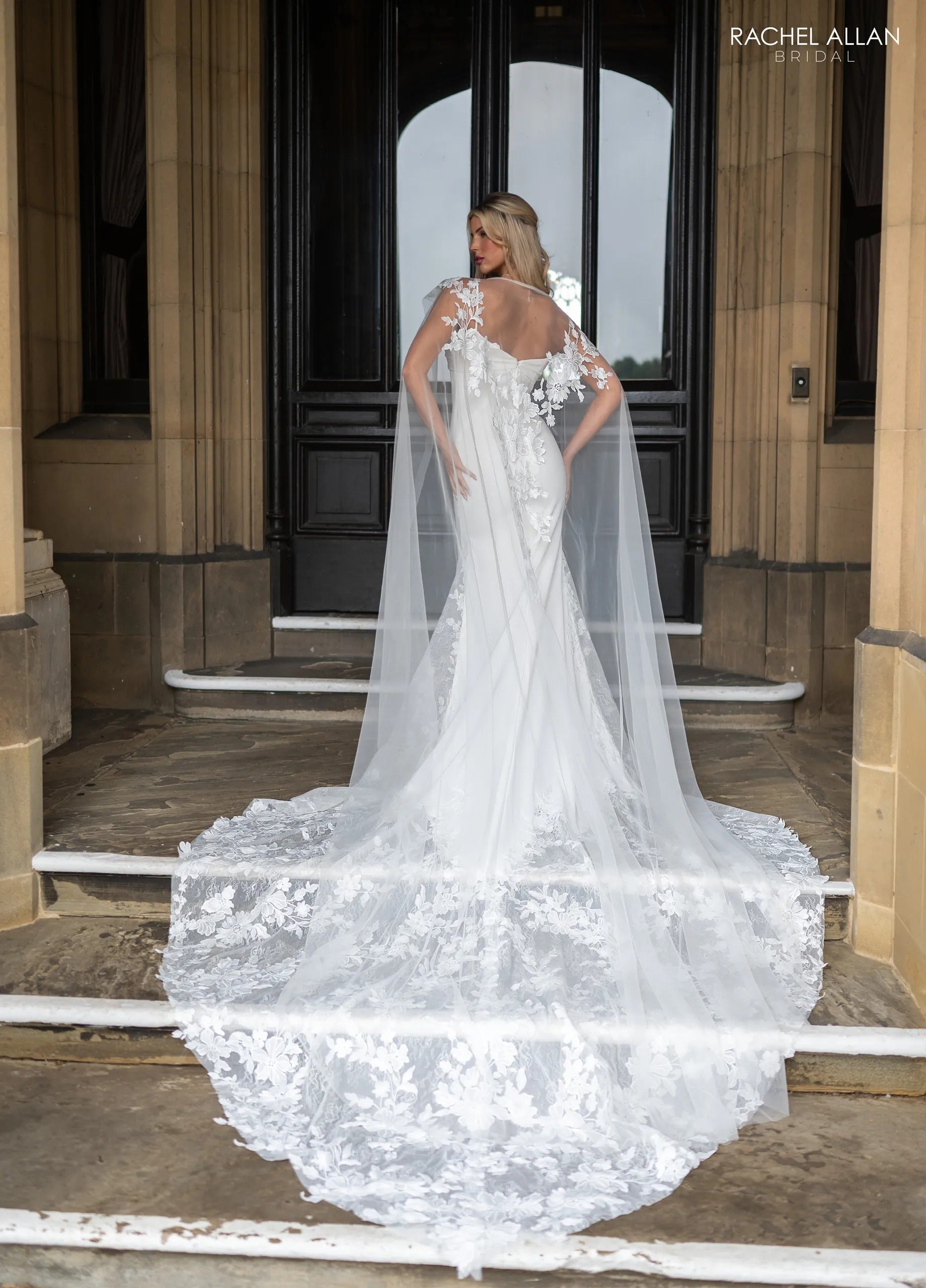 Ivory Square Floor-Length Crepe Bridal Mermaid Gown with Lace Cape Rachel Allan RB4236