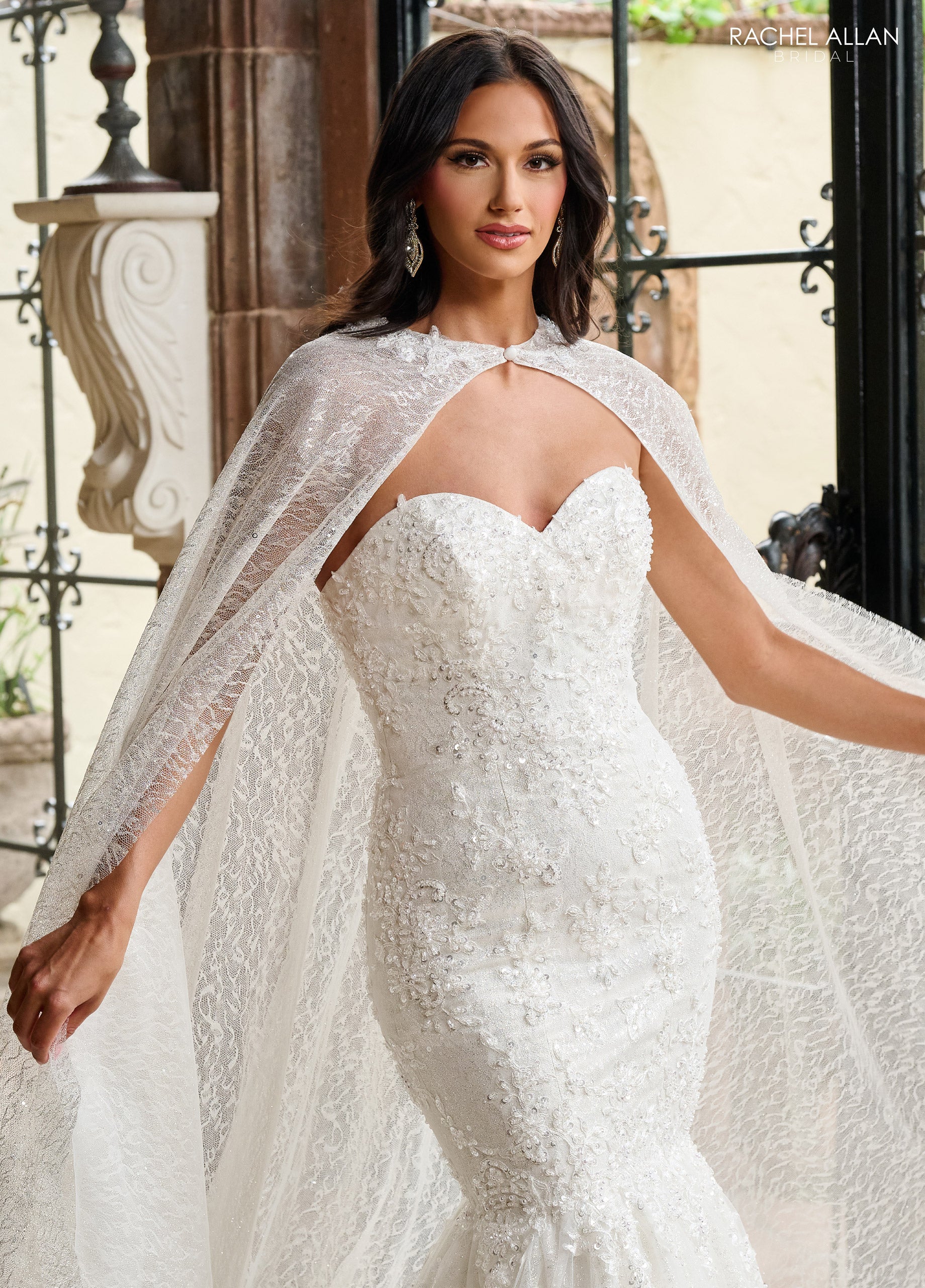 Rachel Allan RB4200 Glitter Long Mermaid Detachable Cape Wedding Dress
