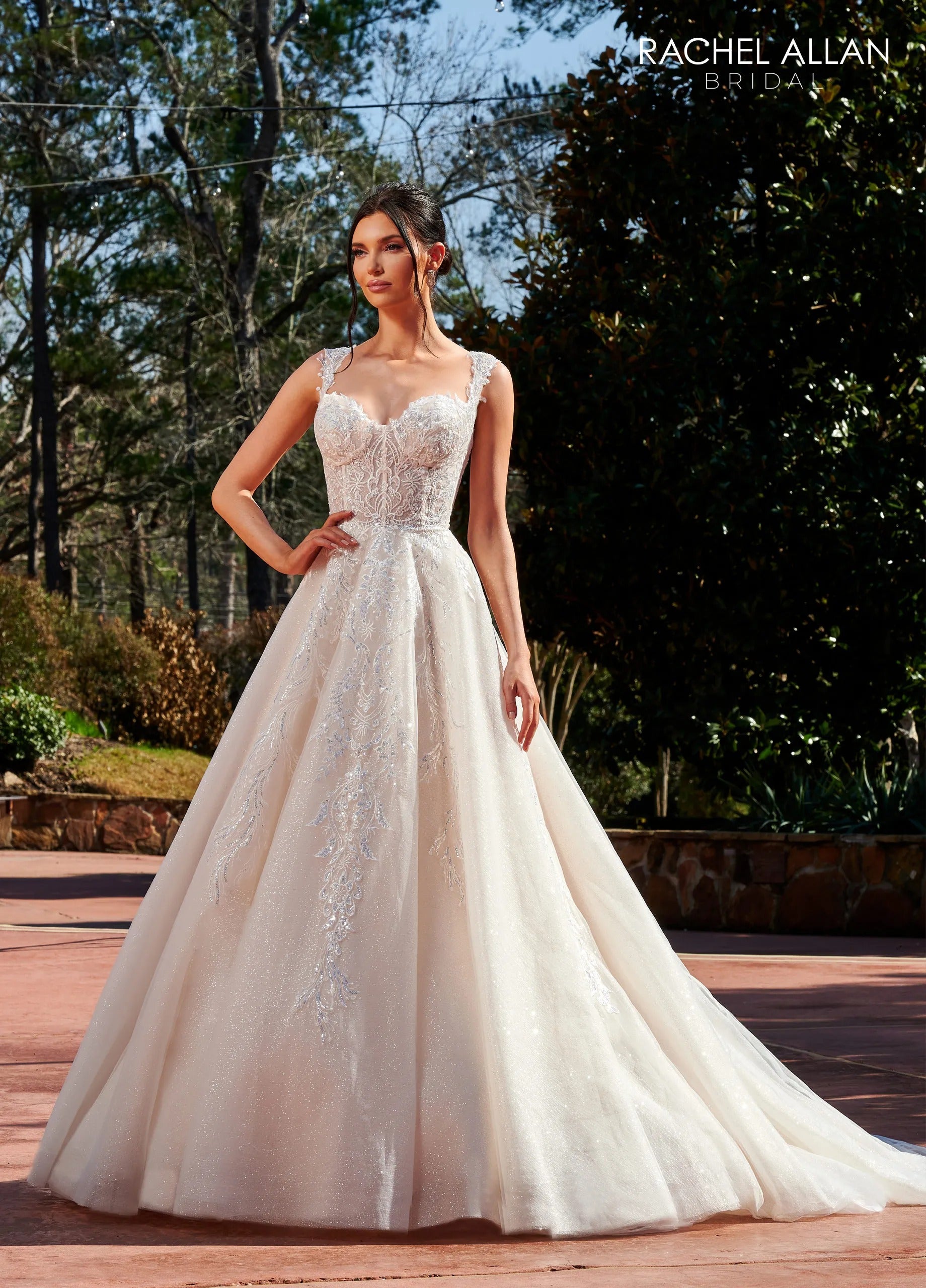 Ivory Champagne Sweetheart Floor-Length Glitter Tulle Wedding A-Line Gown with Detachable Liner Rachel Allan RB4153