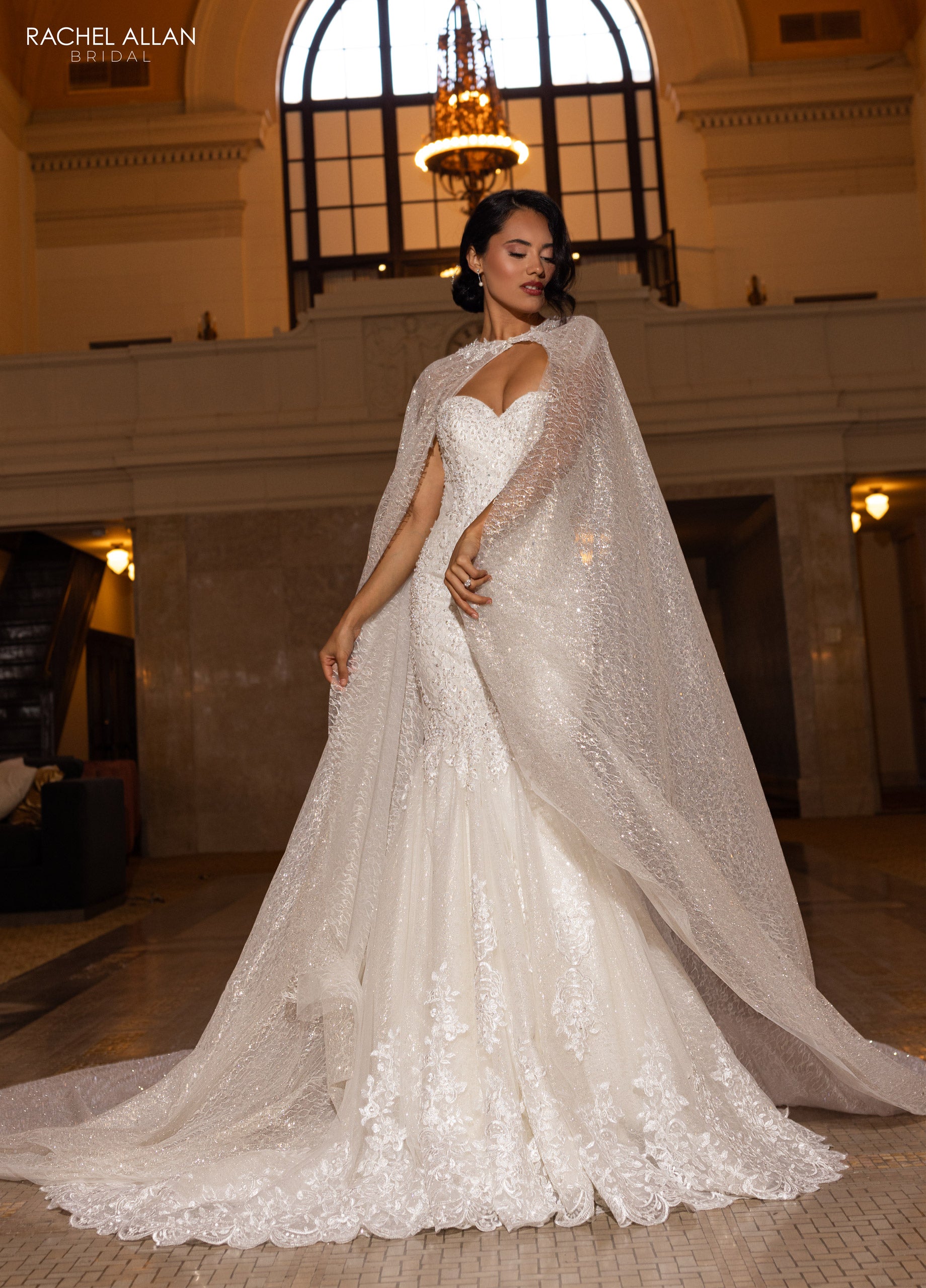 Rachel Allan RB4200 Glitter Long Mermaid Detachable Cape Wedding Dress