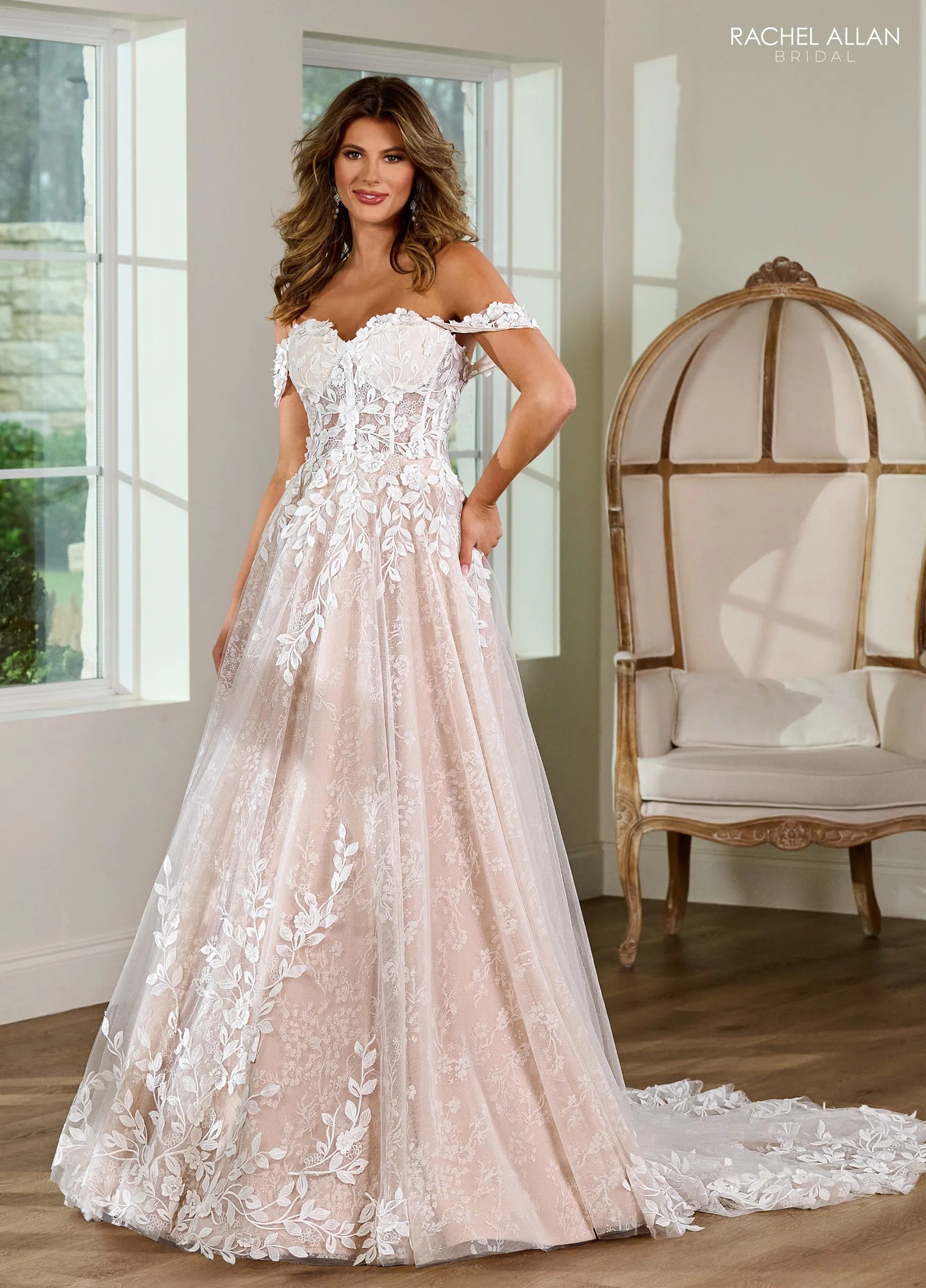 Ivory Nude Off-Shoulder Sweetheart Floor-Length Tulle Lace Bridal A-Line Gown with Train Rachel Allan RB4189