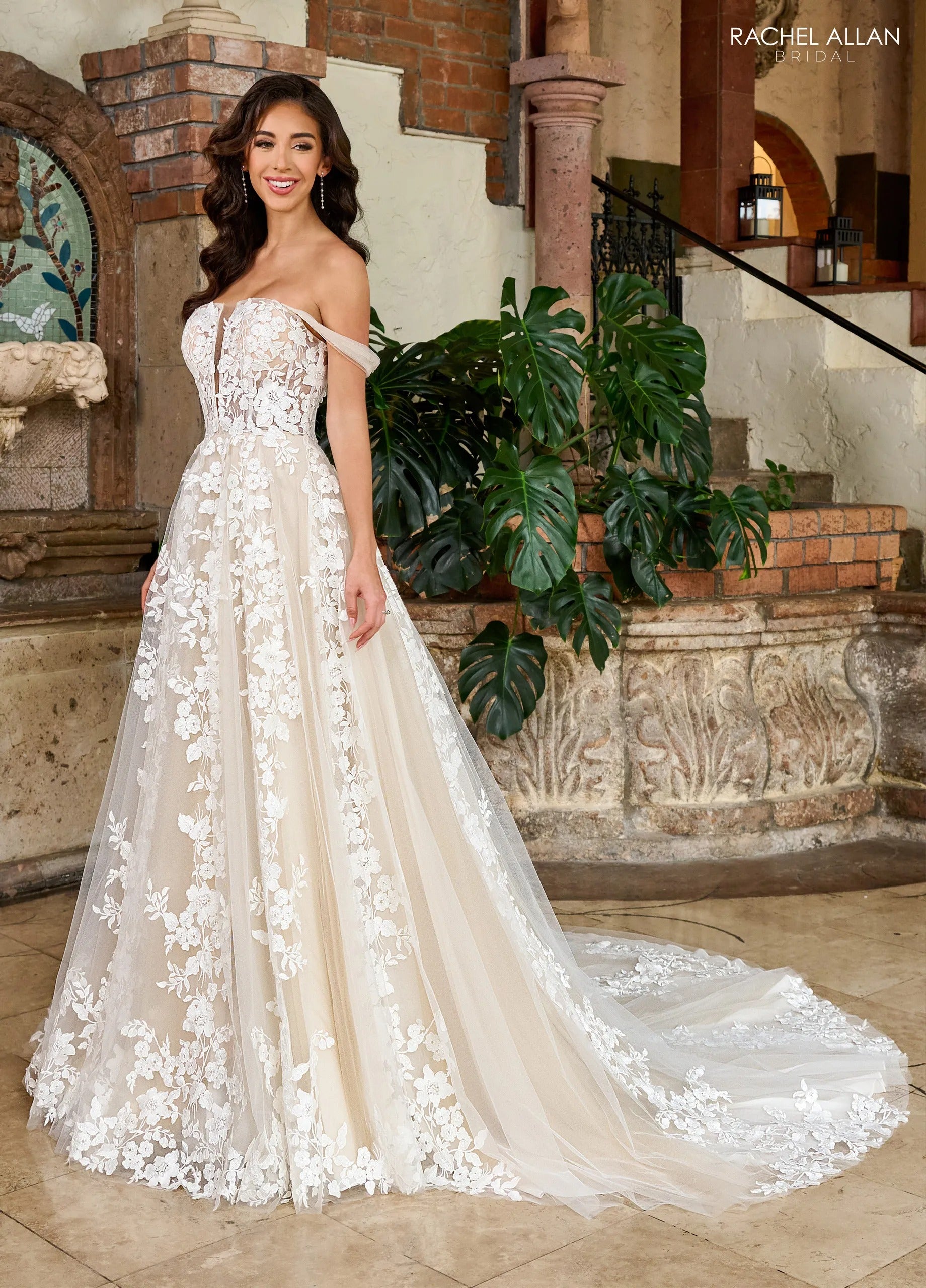 Ivory Nude Sweetheart Floor-Length Tulle Wedding Dress A-Line Gown with Floral Lace Rachel Allan RB4185