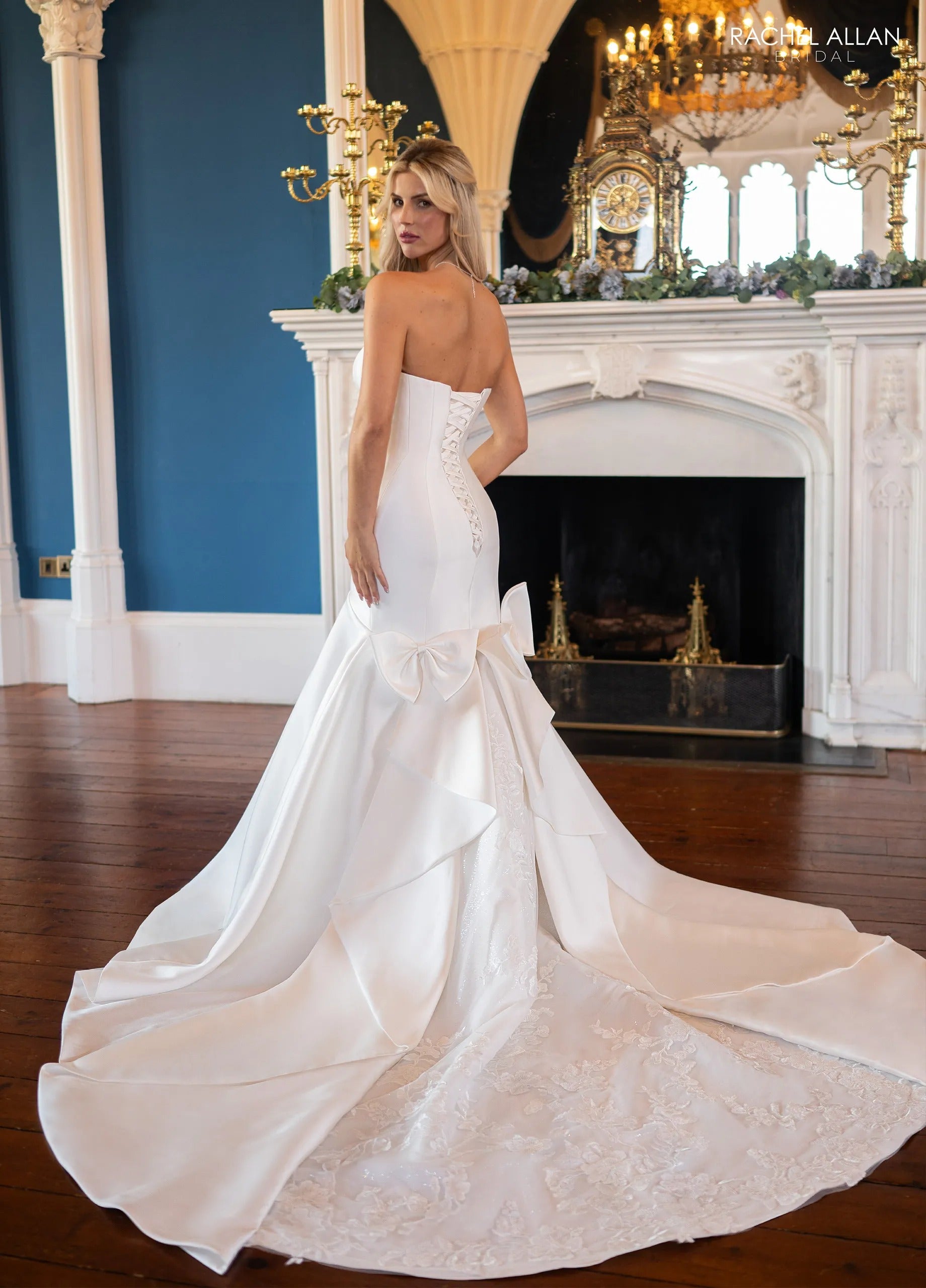 Ivory Strapless Floor-Length Satin Wedding Mermaid Gown with Bow Detail Rachel Allan RB4230