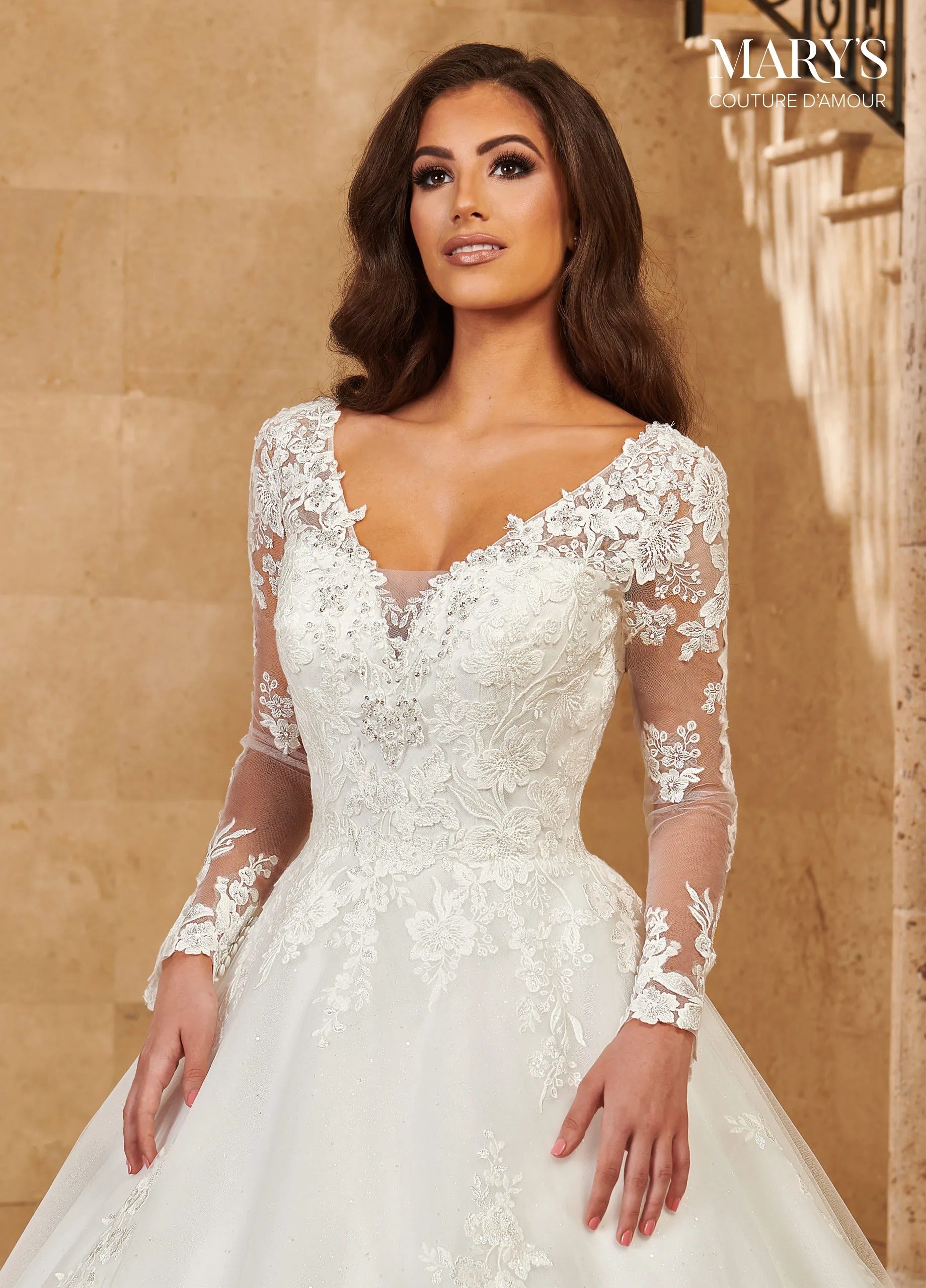 Ivory Illusion V-Neck Floor-Length Tulle Lace Bridal Ball Gown with Long Sleeves Rachel Allan MB4130