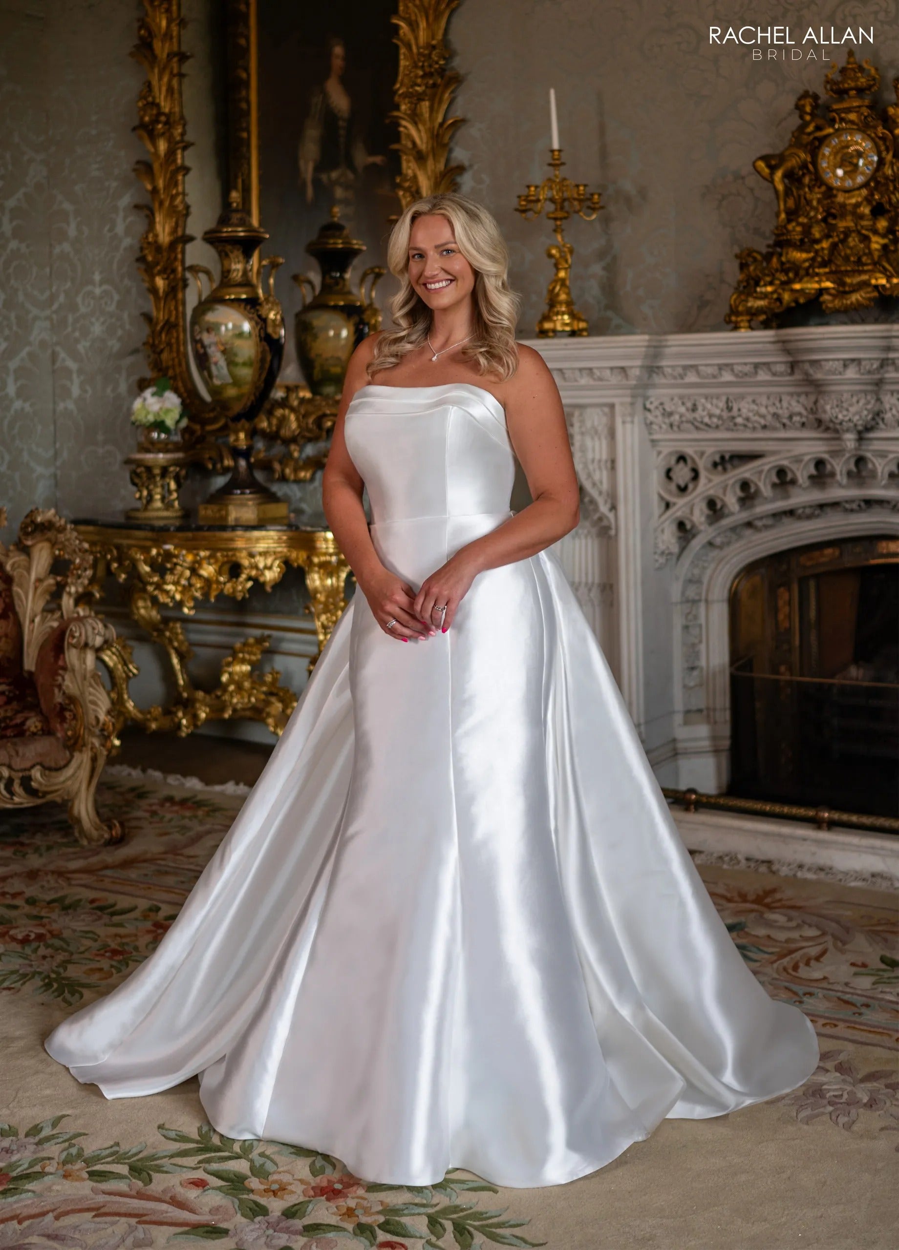 Ivory Strapless Floor-Length Mikado Bridal Mermaid Gown with Removable Overskirt Rachel Allan RB4240