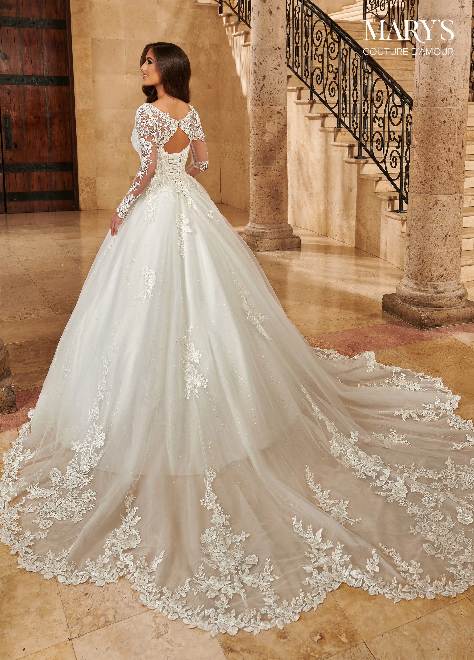 Ivory Illusion V-Neck Floor-Length Tulle Lace Bridal Ball Gown with Long Sleeves Rachel Allan MB4130