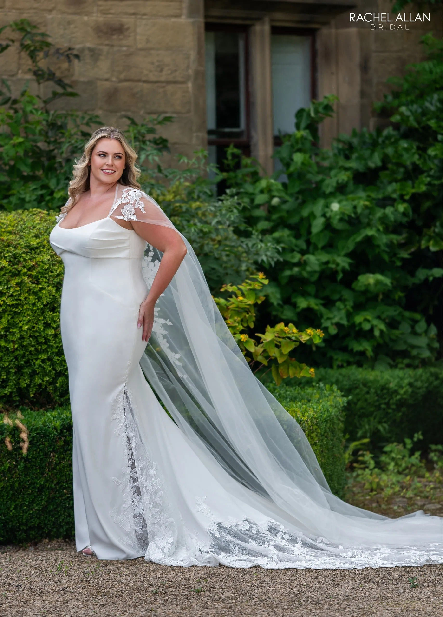 Ivory Square Floor-Length Crepe Bridal Mermaid Gown with Lace Cape Rachel Allan RB4236