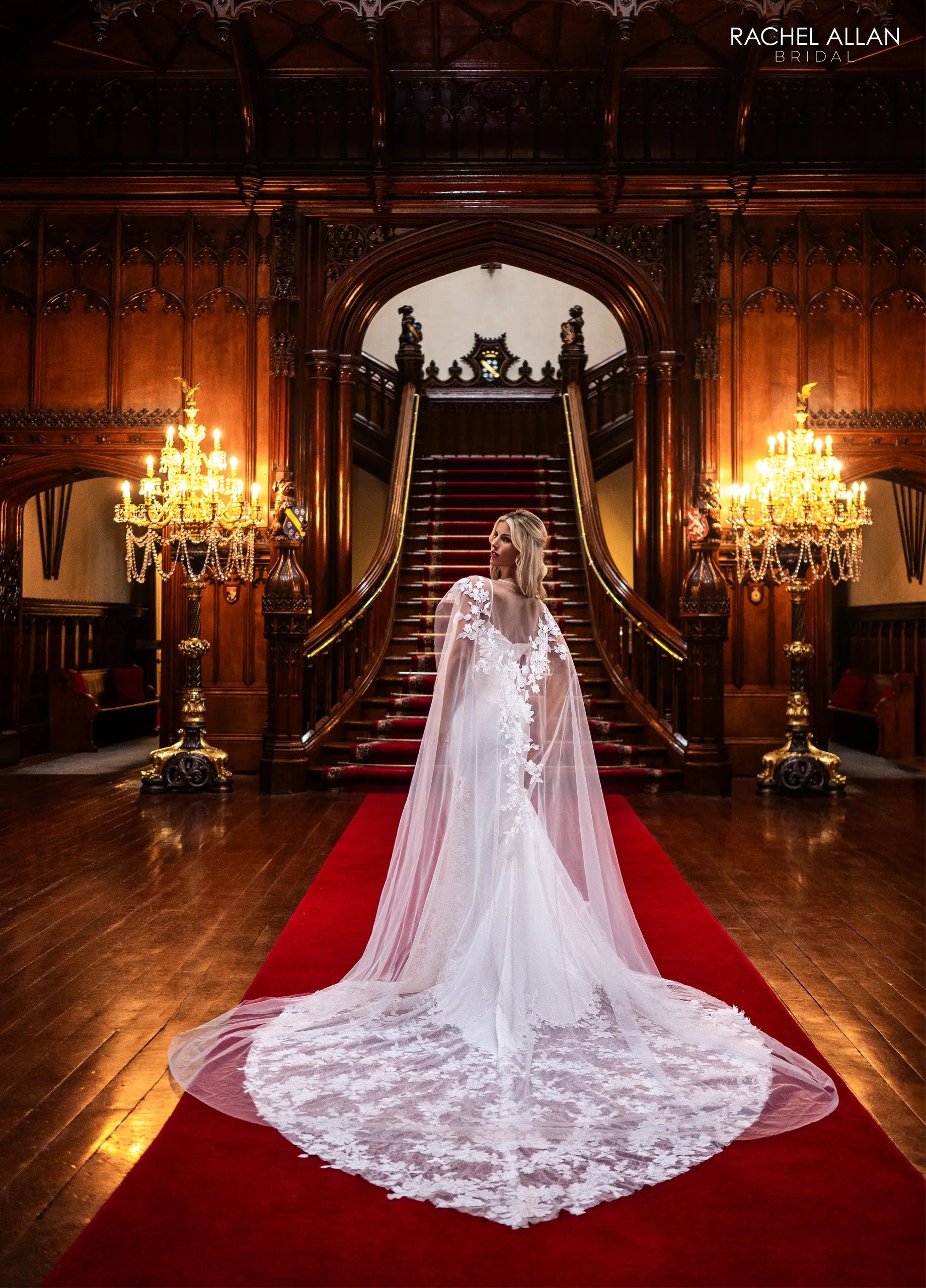 Ivory Square Floor-Length Crepe Bridal Mermaid Gown with Lace Cape Rachel Allan RB4236