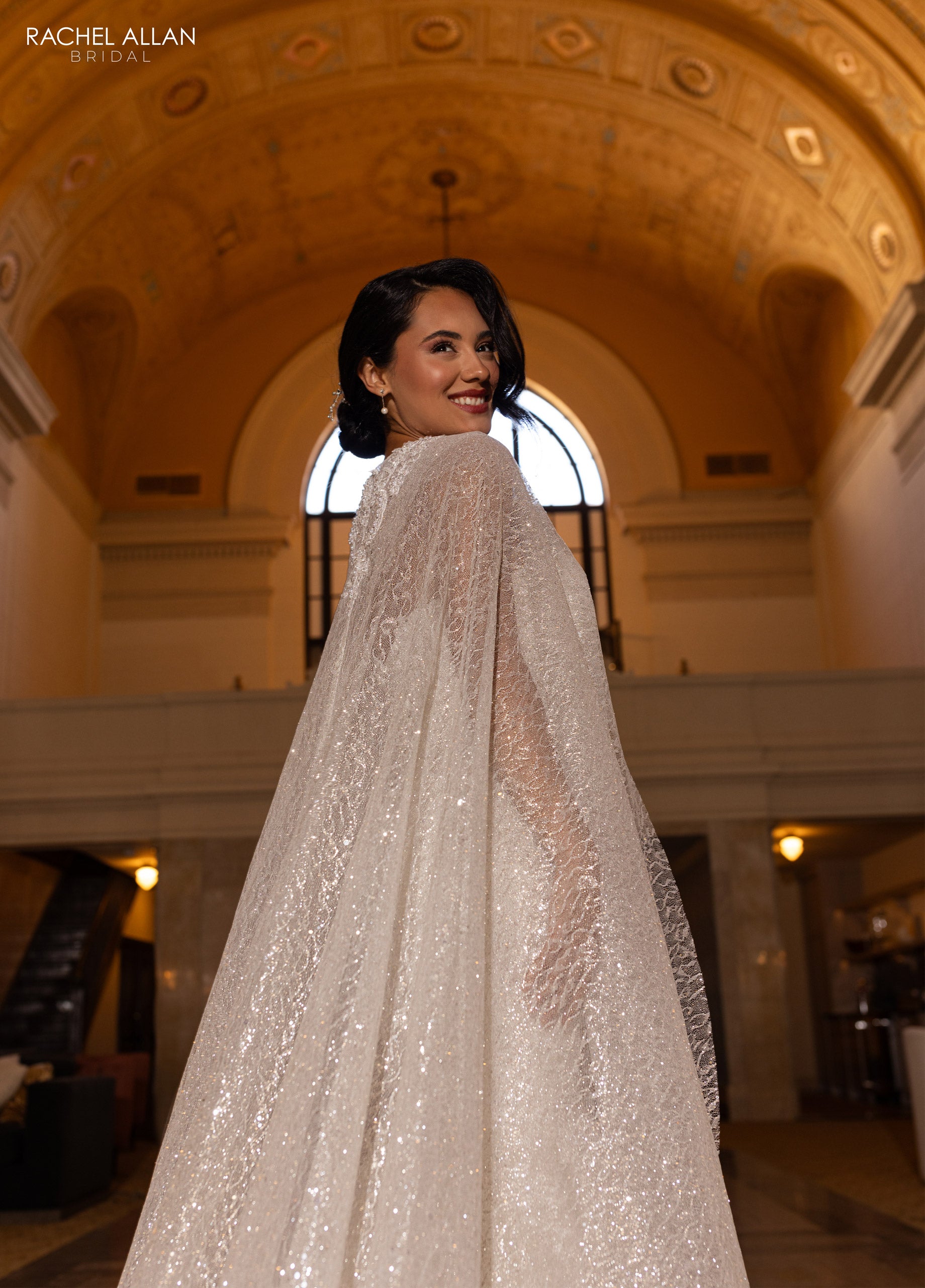 Rachel Allan RB4200 Glitter Long Mermaid Detachable Cape Wedding Dress