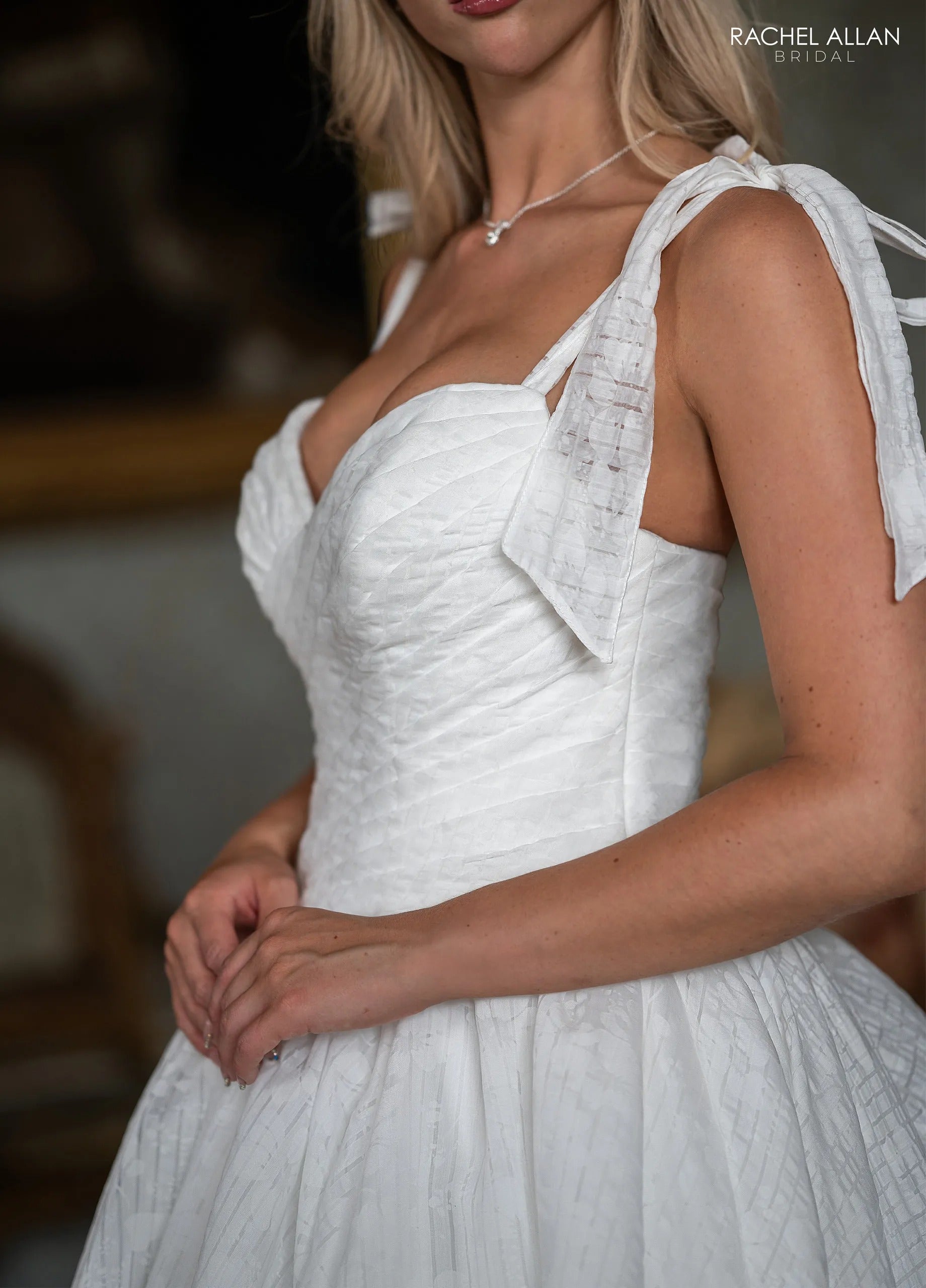Ivory Sweetheart Floor-Length Textured Mikado Bridal Ball Gown with Tie Straps Rachel Allan RB4239