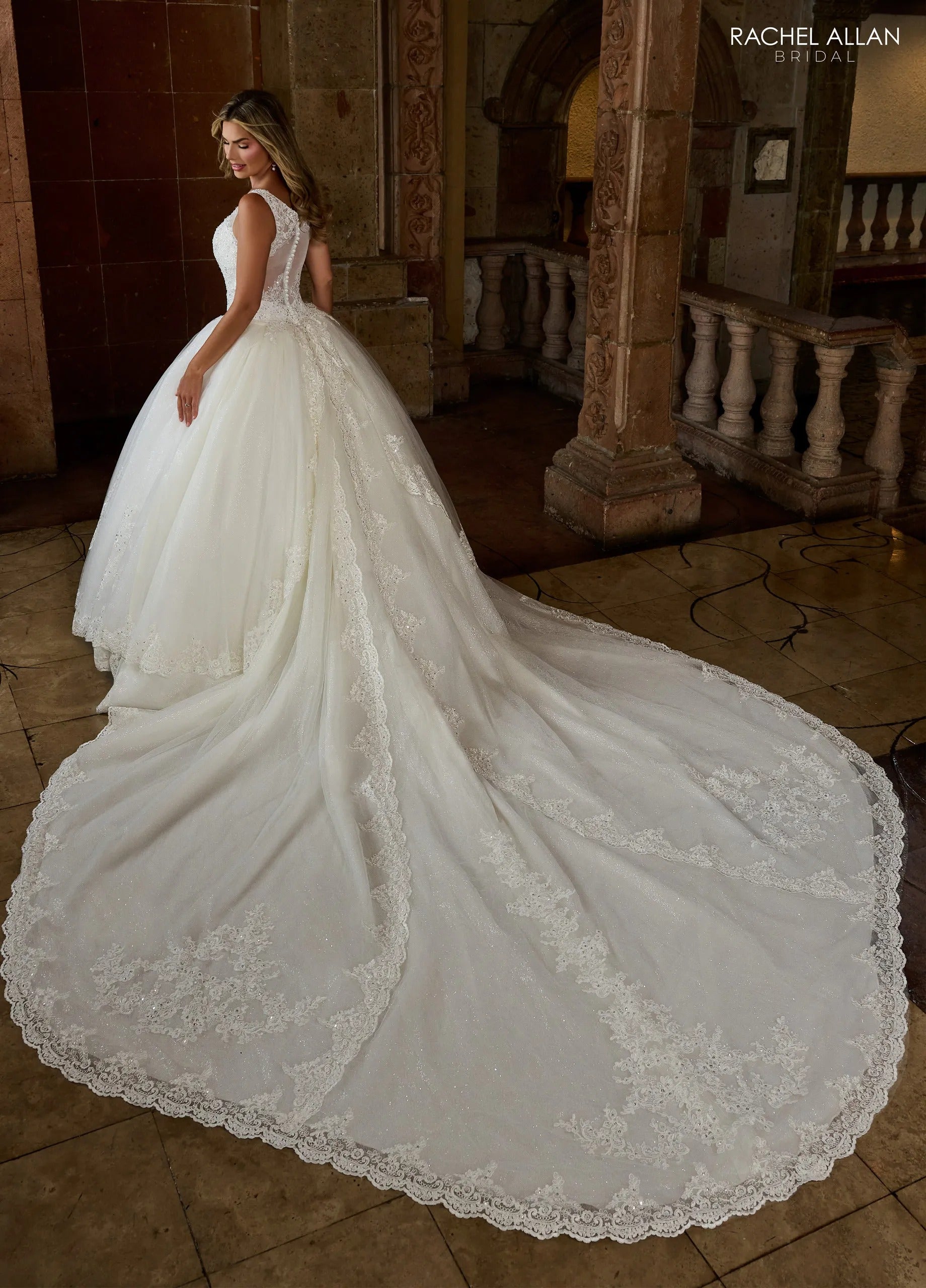 Ivory Illusion Sweetheart Floor-Length Sparkling Tulle Wedding Ball Gown with Detachable Royal Train Rachel Allan 6364