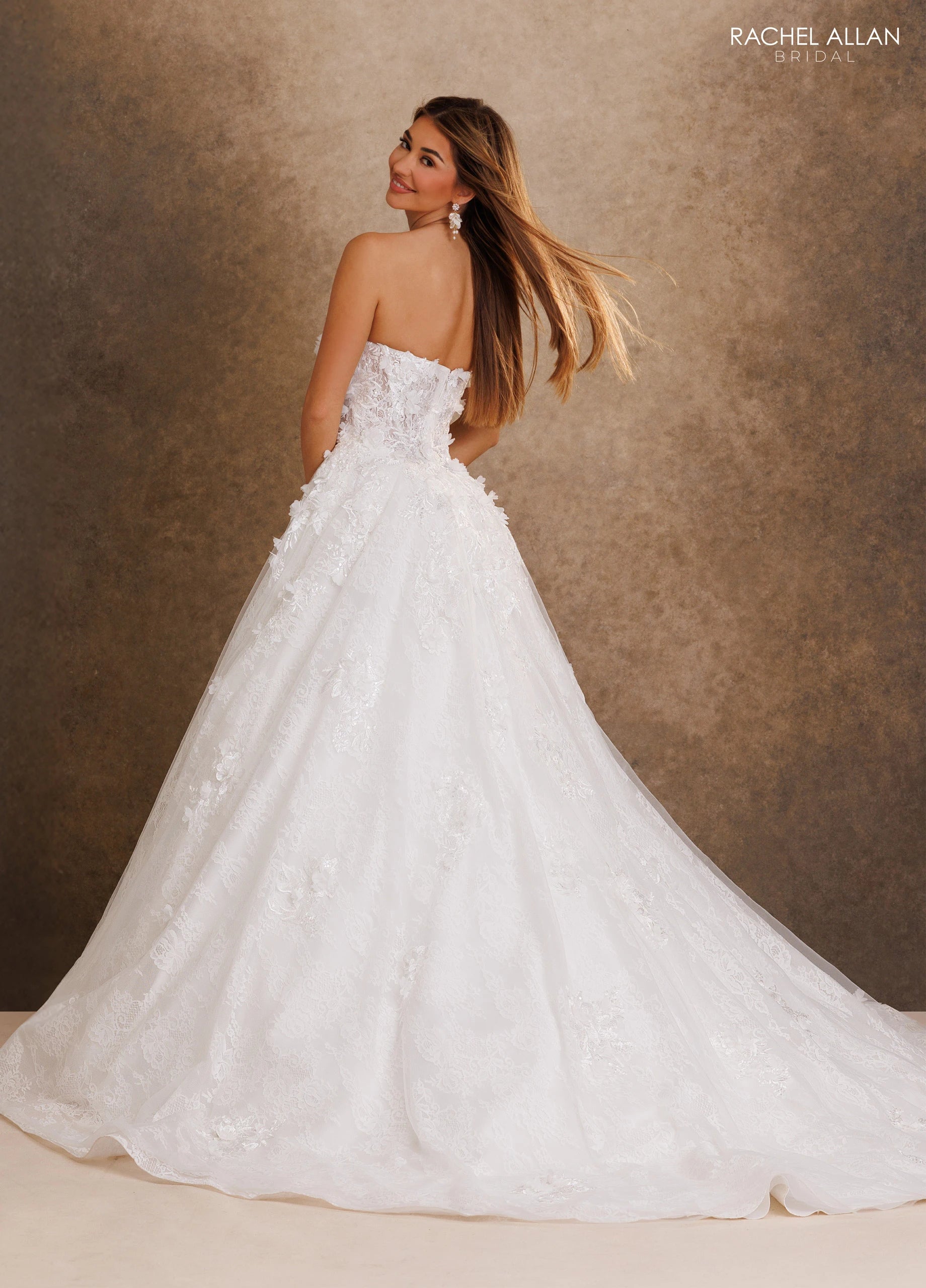 Strapless Curved Neck Floor-Length Lace Wedding Dress A-Line Rachel Allan RB4249