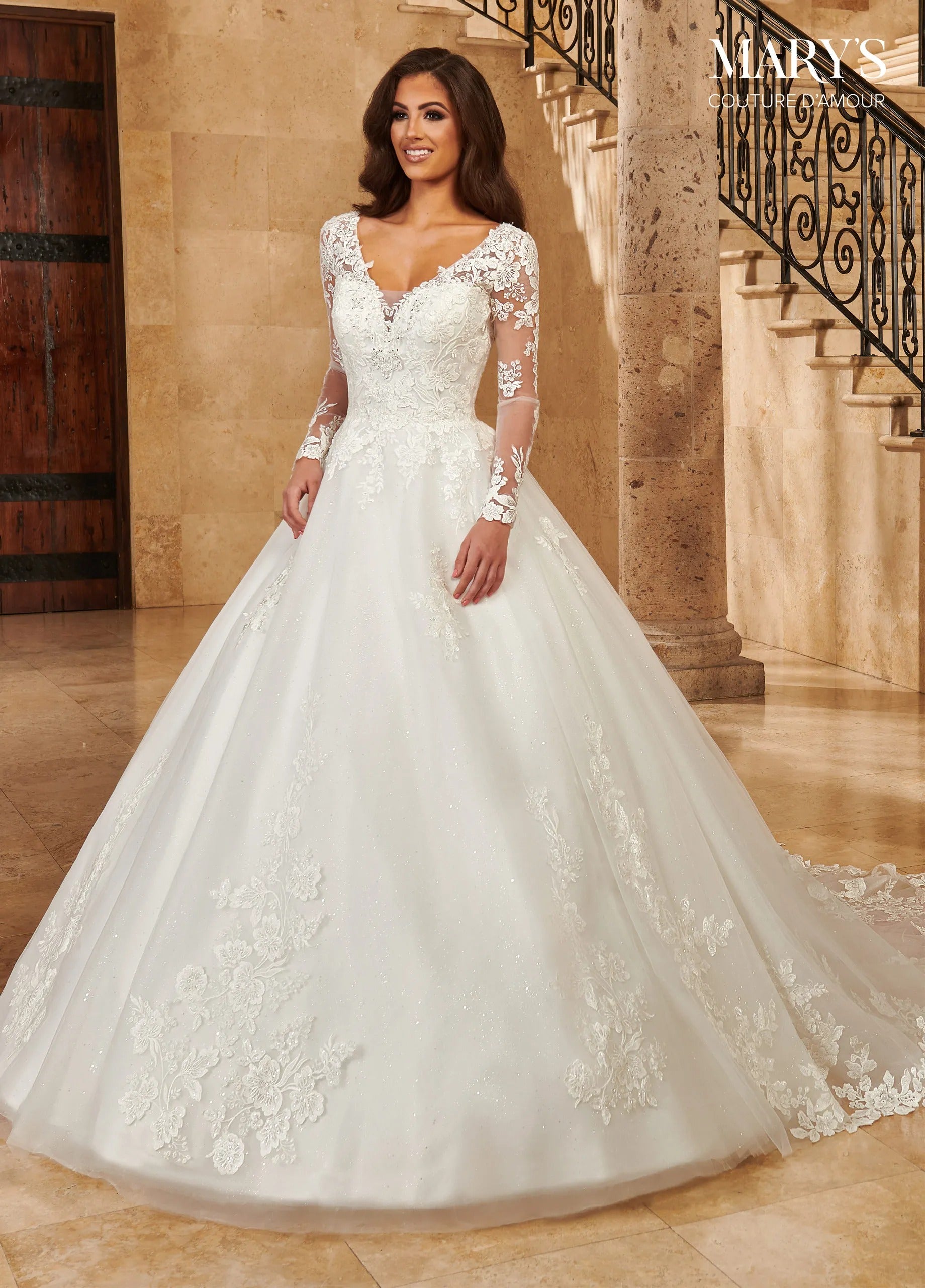 Ivory Illusion V-Neck Floor-Length Tulle Lace Bridal Ball Gown with Long Sleeves Rachel Allan MB4130