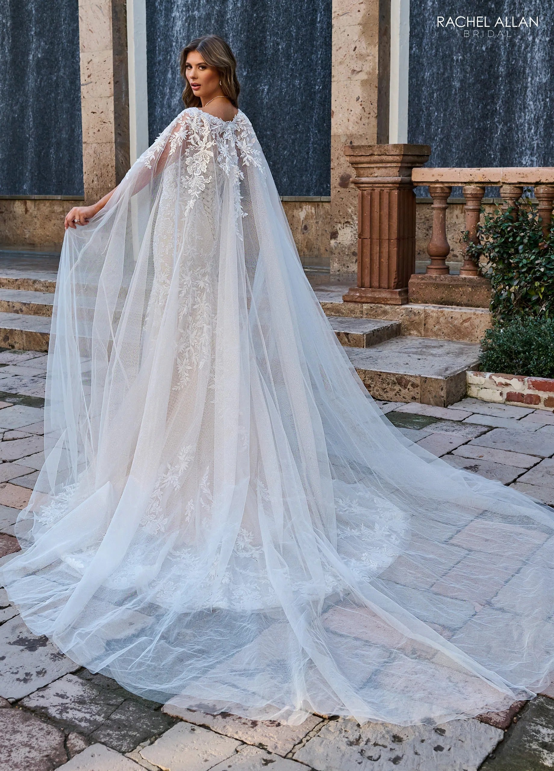 Ivory Champagne Nude Sweetheart Floor-Length Lace Tulle Mermaid Bridal Gown with Detachable Cape Rachel Allan RB4190