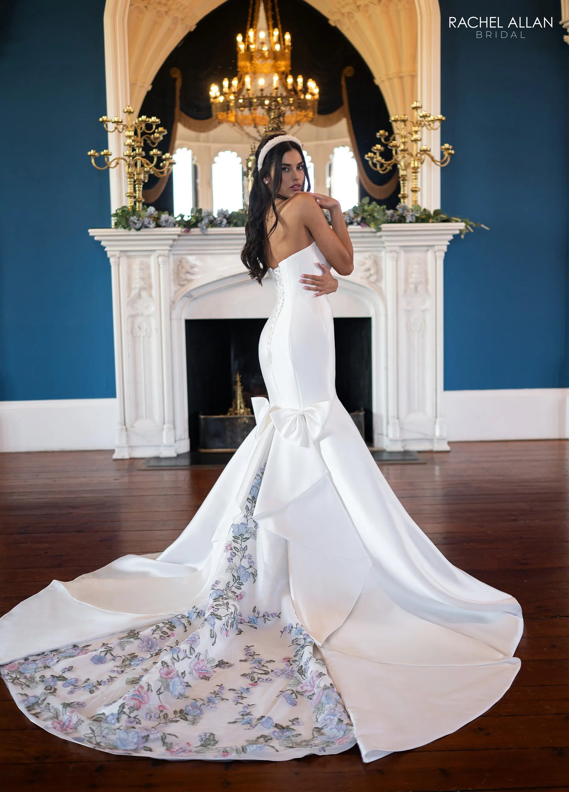 Ivory Multi Strapless Floor-Length Satin Wedding Mermaid Gown with Bow Detail Rachel Allan RB4230
