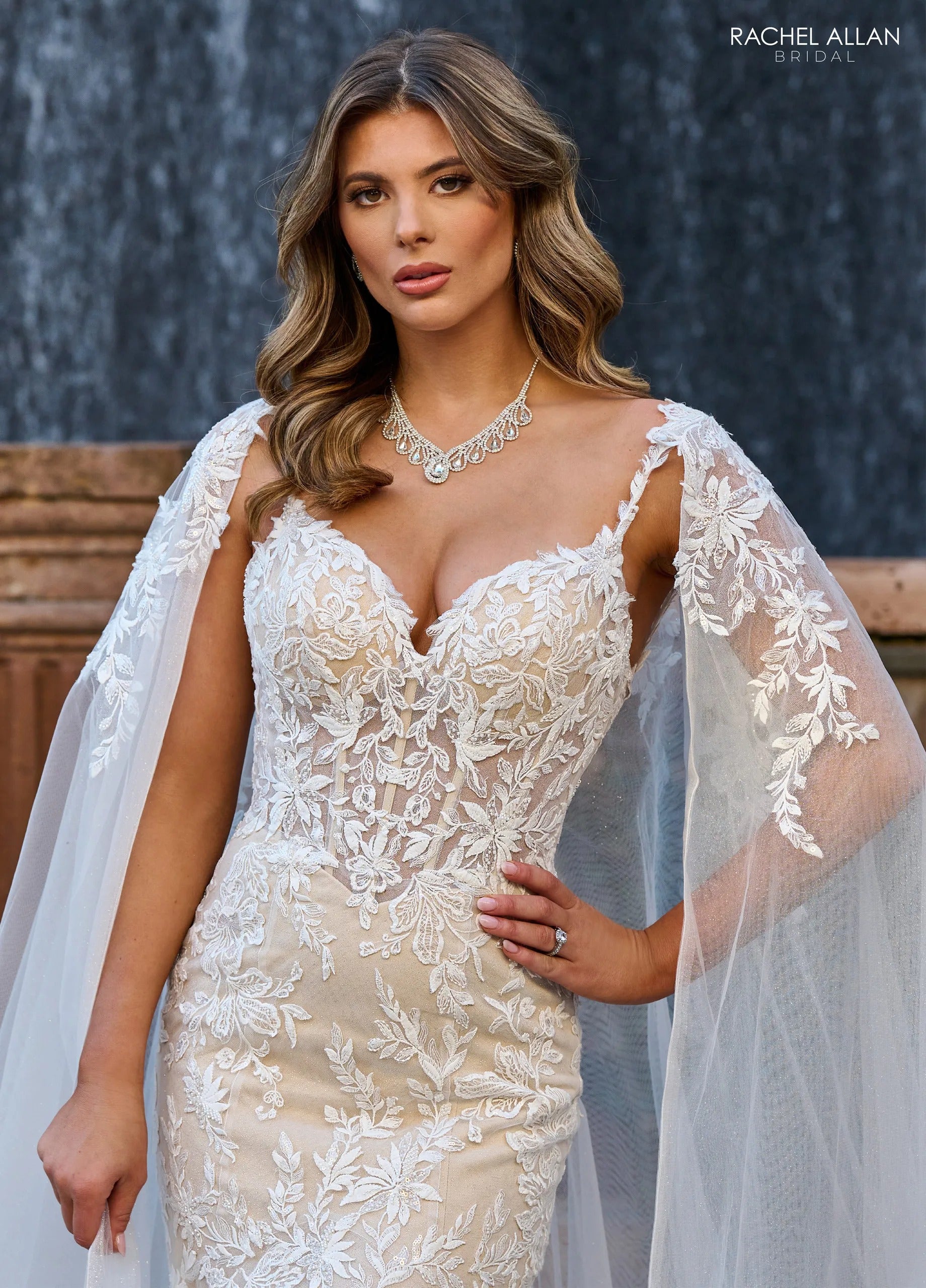 Ivory Champagne Nude Sweetheart Floor-Length Lace Tulle Mermaid Bridal Gown with Detachable Cape Rachel Allan RB4190