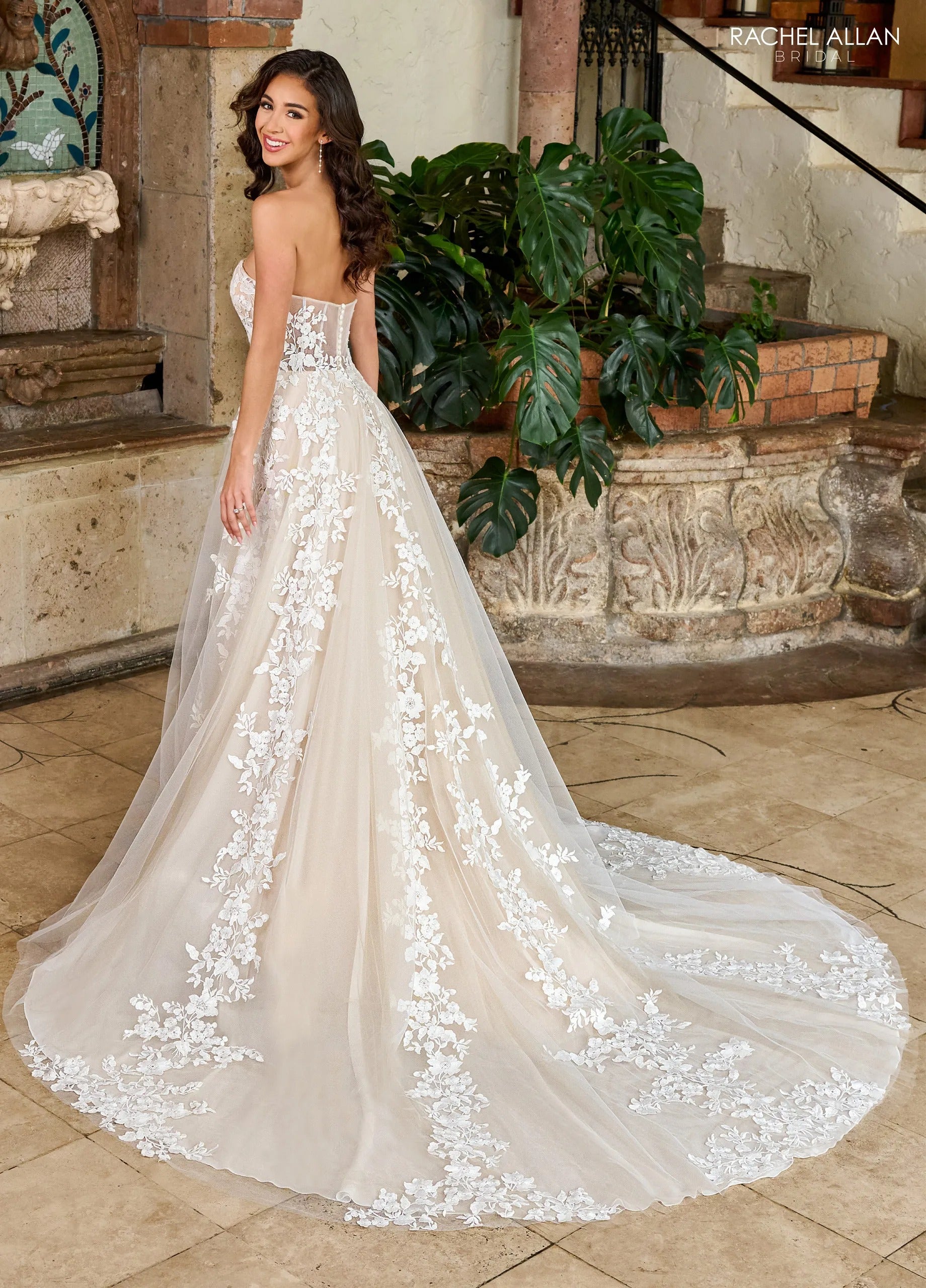 Ivory Nude Sweetheart Floor-Length Tulle Wedding Dress A-Line Gown with Floral Lace Rachel Allan RB4185