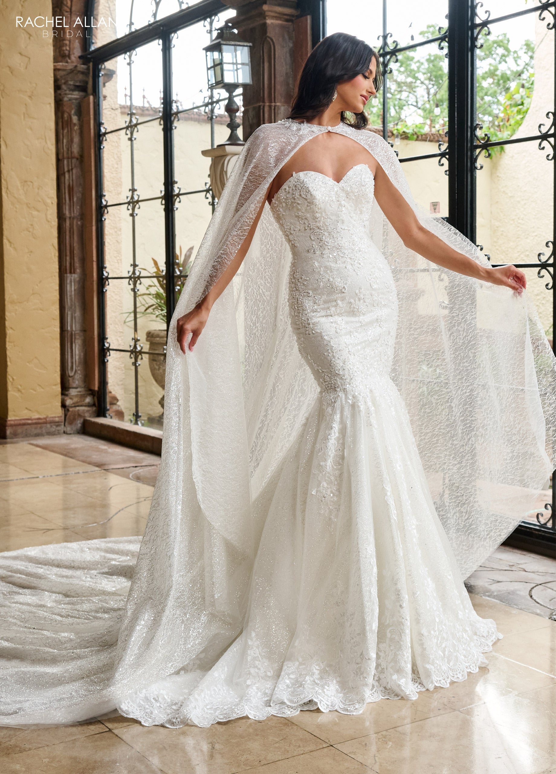 Rachel Allan RB4200 Glitter Long Mermaid Detachable Cape Wedding Dress