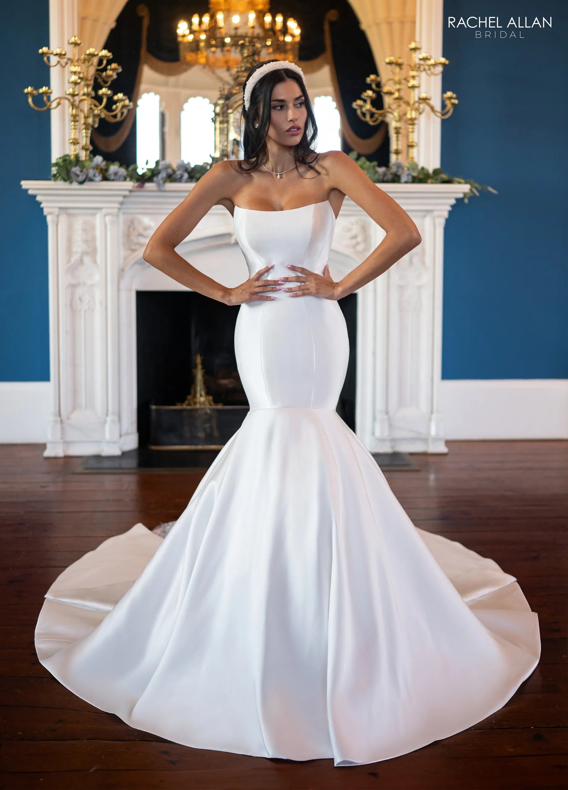 Ivory Strapless Floor-Length Satin Wedding Mermaid Gown with Bow Detail Rachel Allan RB4230