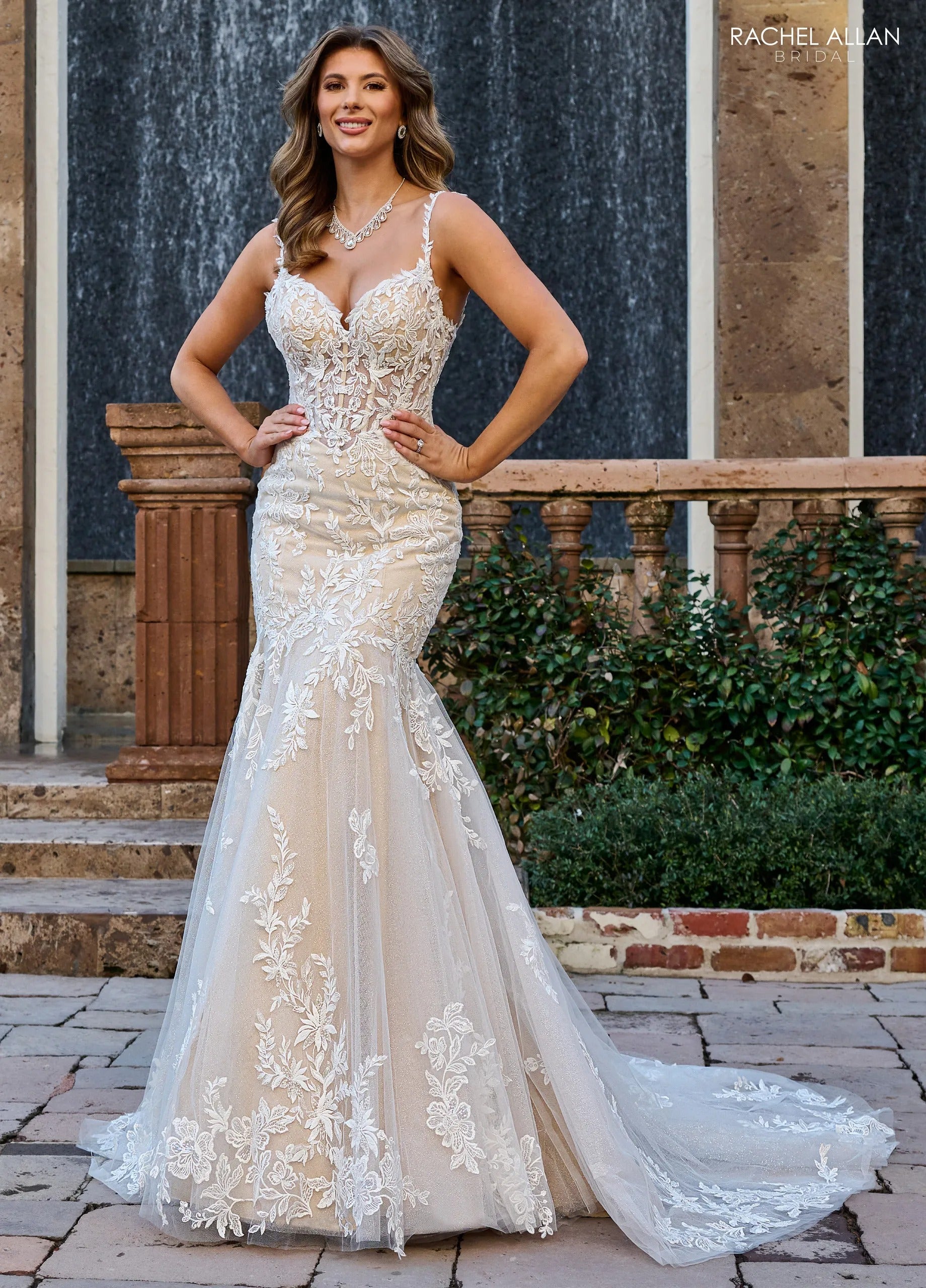 Ivory Champagne Nude Sweetheart Floor-Length Lace Tulle Mermaid Bridal Gown with Detachable Cape Rachel Allan RB4190