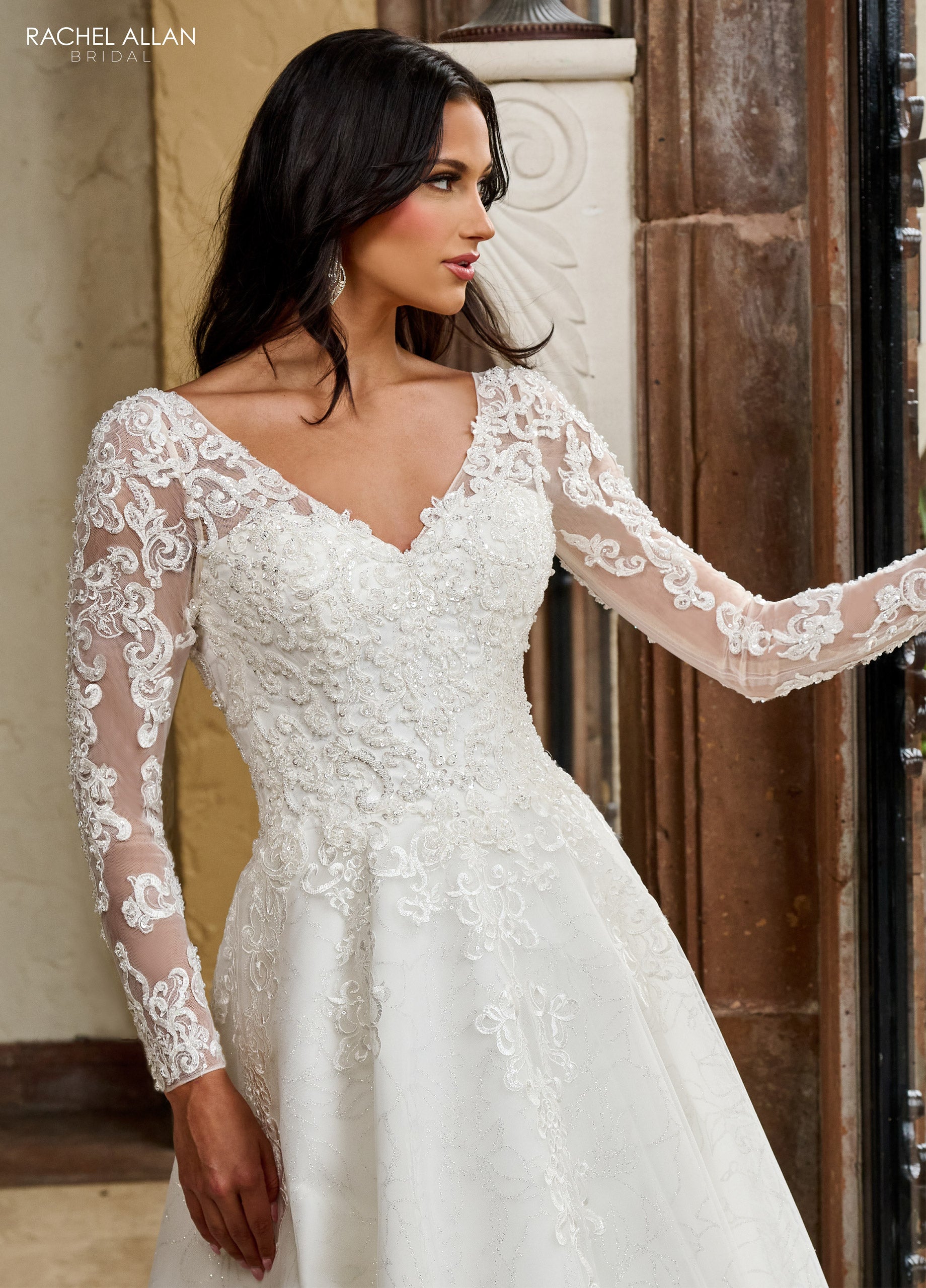 Rachel Allan RB4206 A Line Long Sleeve Glitter Wedding Dress