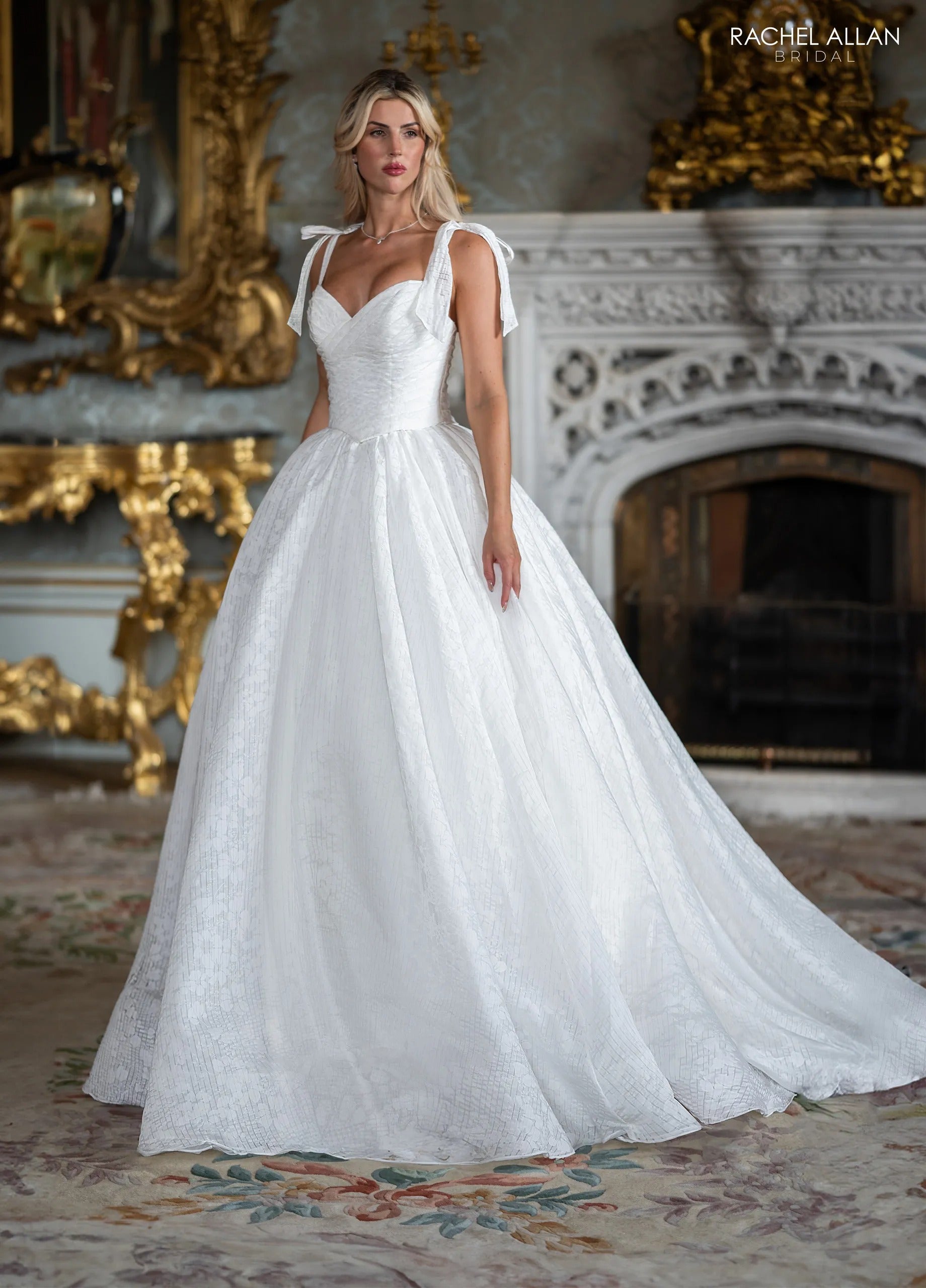 Ivory Sweetheart Floor-Length Textured Mikado Bridal Ball Gown with Tie Straps Rachel Allan RB4239
