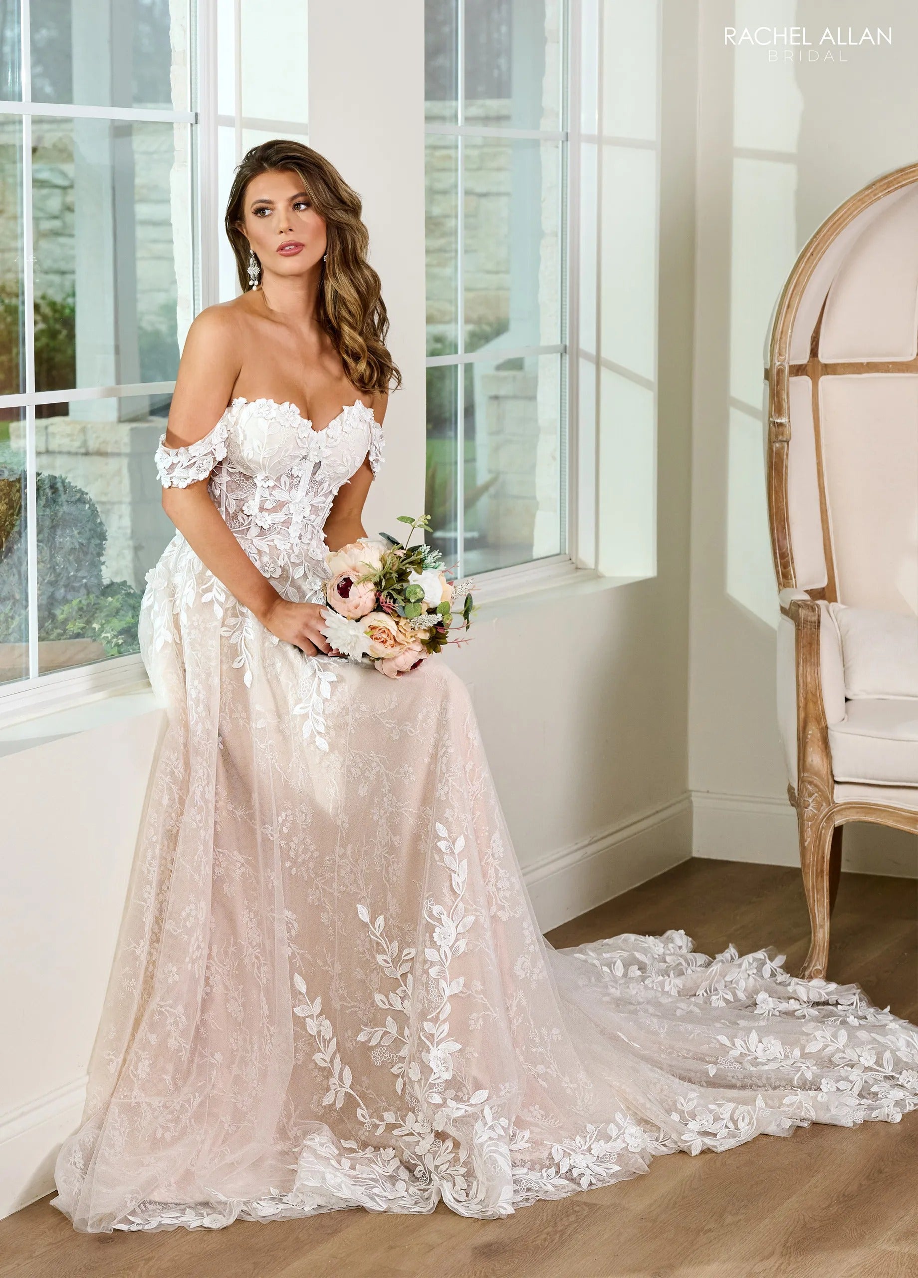 Ivory Nude Off-Shoulder Sweetheart Floor-Length Tulle Lace Bridal A-Line Gown with Train Rachel Allan RB4189