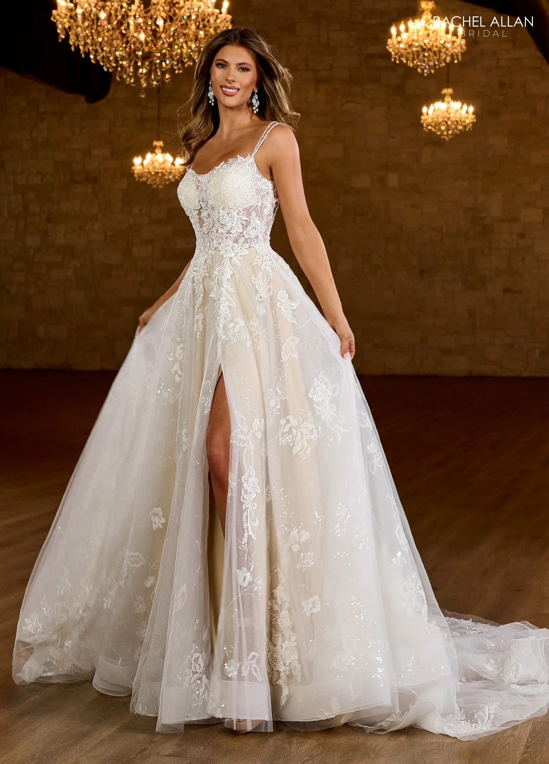 Ivory Nude Double Spaghetti Strap A-Line Wedding Dress with Front Slit and Floral Embroidery Rachel Allan RB4186