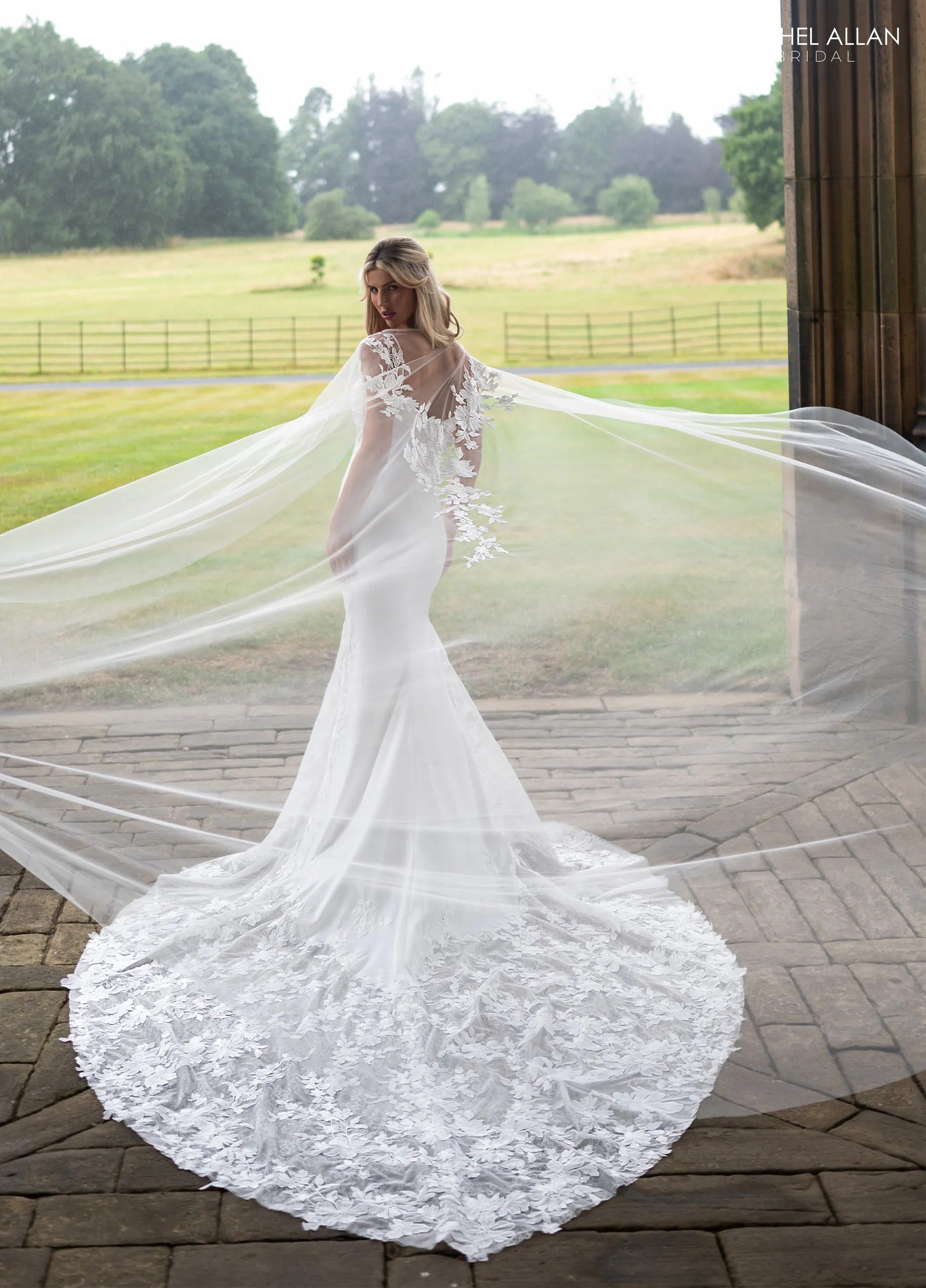 Ivory Square Floor-Length Crepe Bridal Mermaid Gown with Lace Cape Rachel Allan RB4236