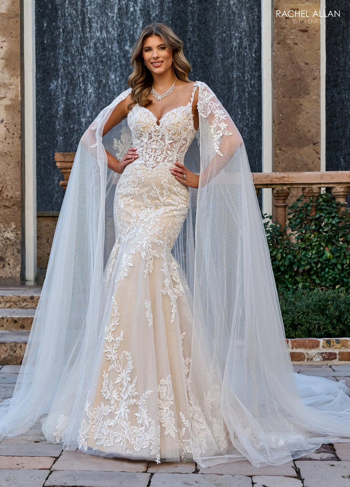 Ivory Champagne Nude Sweetheart Floor-Length Lace Tulle Mermaid Bridal Gown with Detachable Cape Rachel Allan RB4190