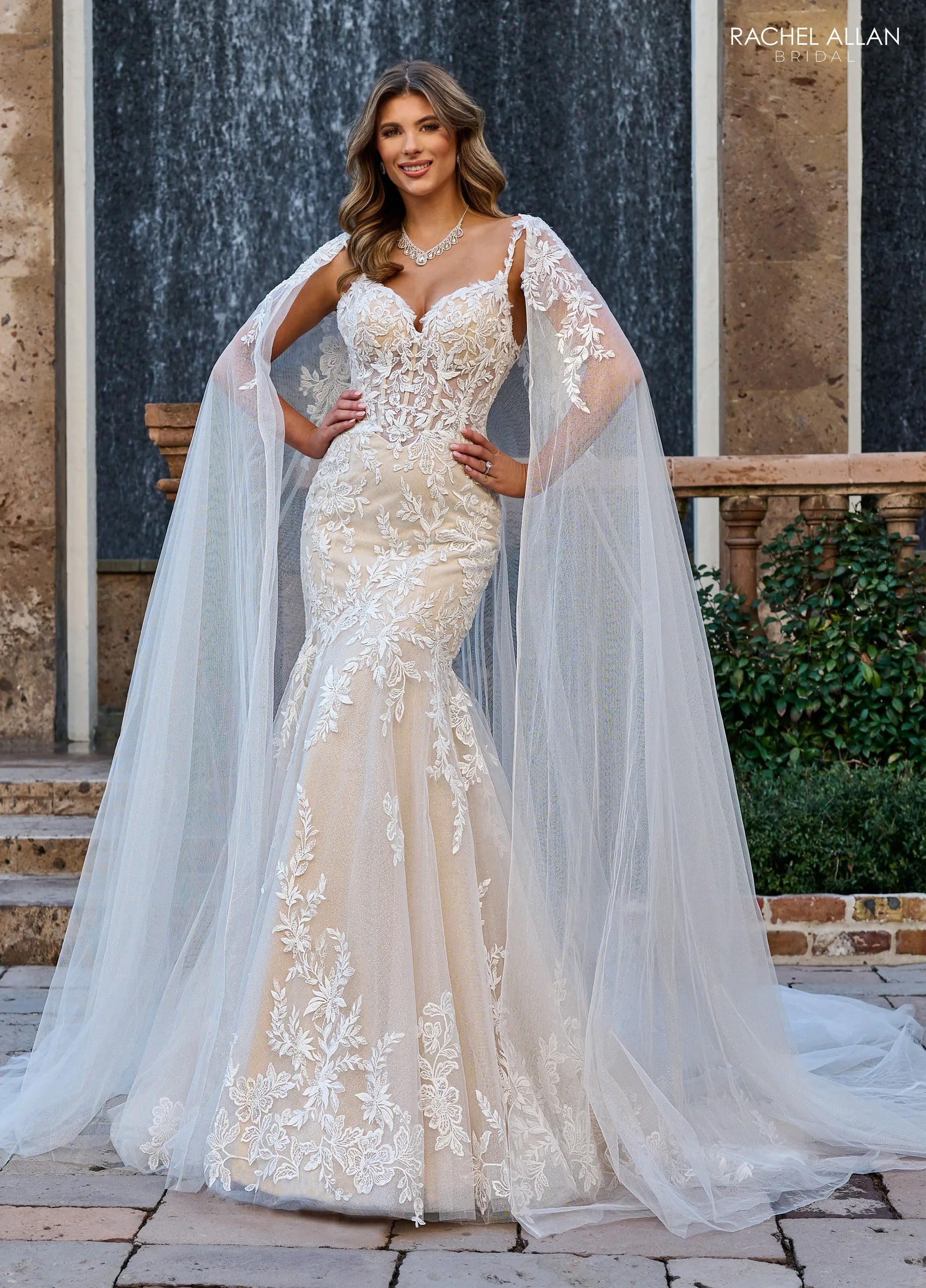 Ivory Champagne Nude Sweetheart Floor-Length Lace Tulle Mermaid Bridal Gown with Detachable Cape Rachel Allan RB4190