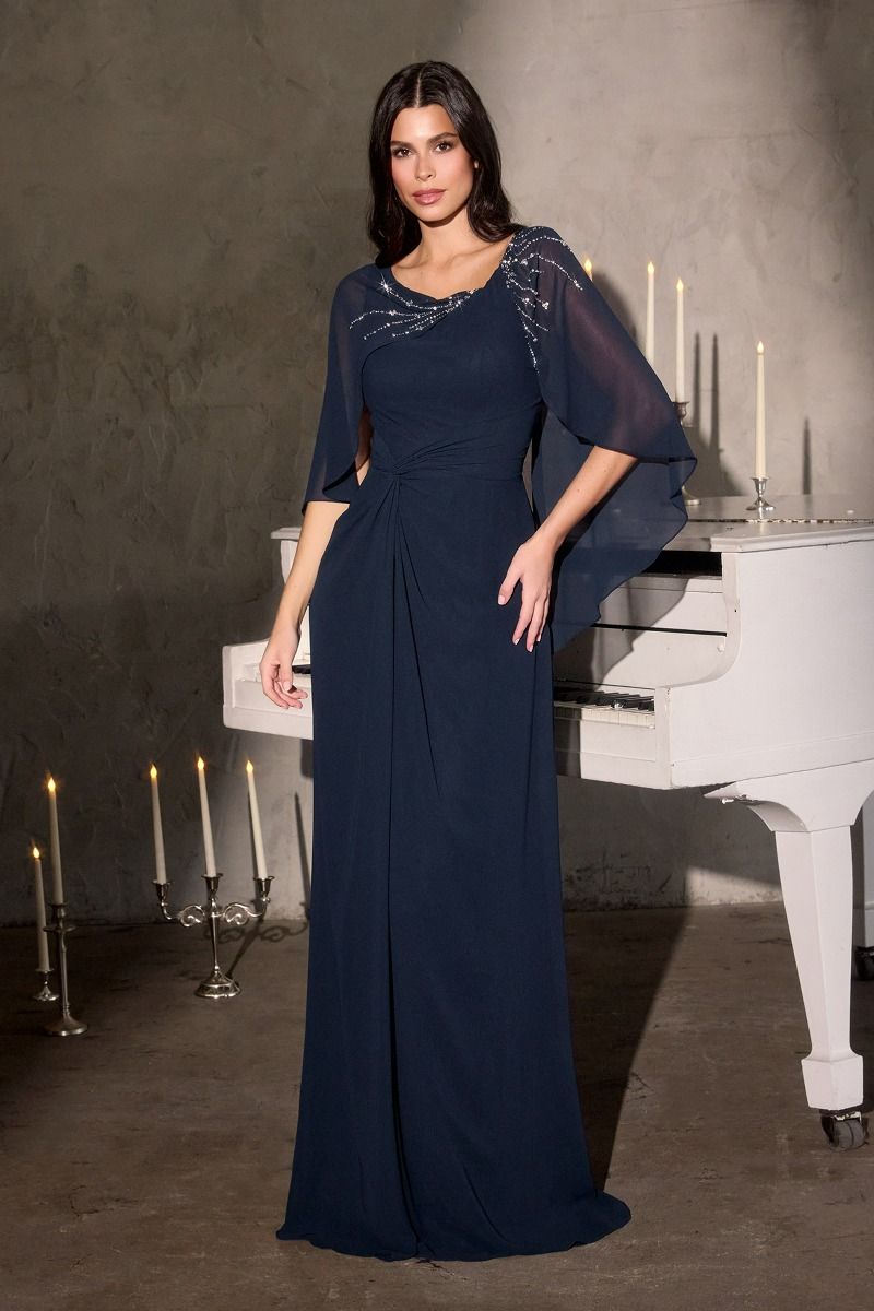 Mother of the Bride Dresses Cape Long Formal Beaded Mother of the Bride Dress Navy