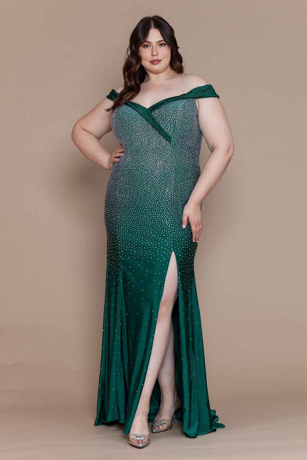 Emerald Off-the-Shoulder Floor-Length Sequin Prom Gown with High Slit Plus Size Dress Poly USA W1120
