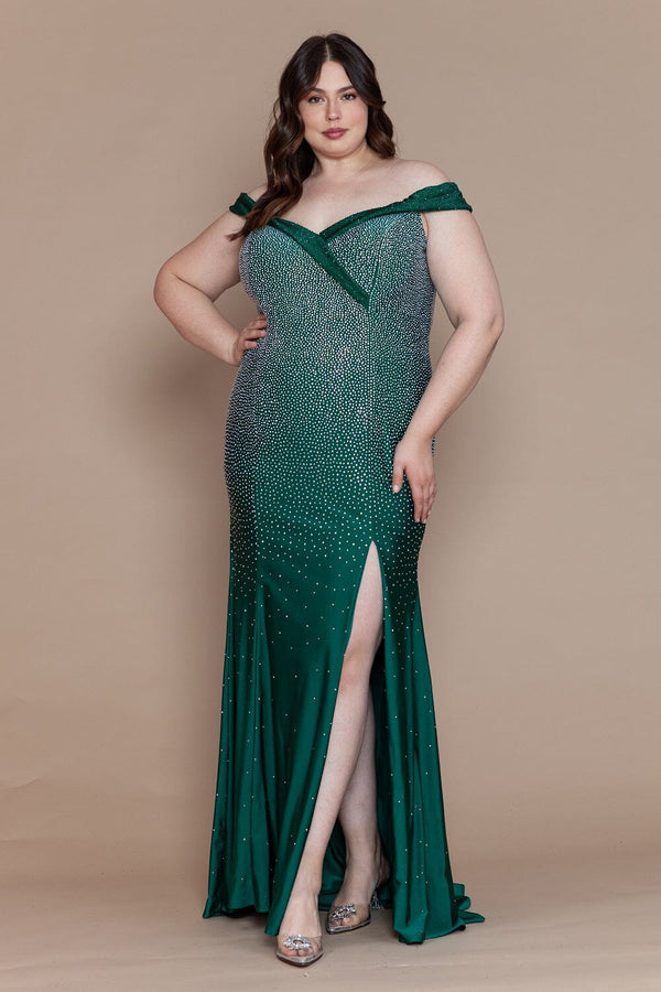 Off-the-Shoulder Floor-Length Sequin Prom Gown with High Slit Plus Size Dress Poly USA W1120
