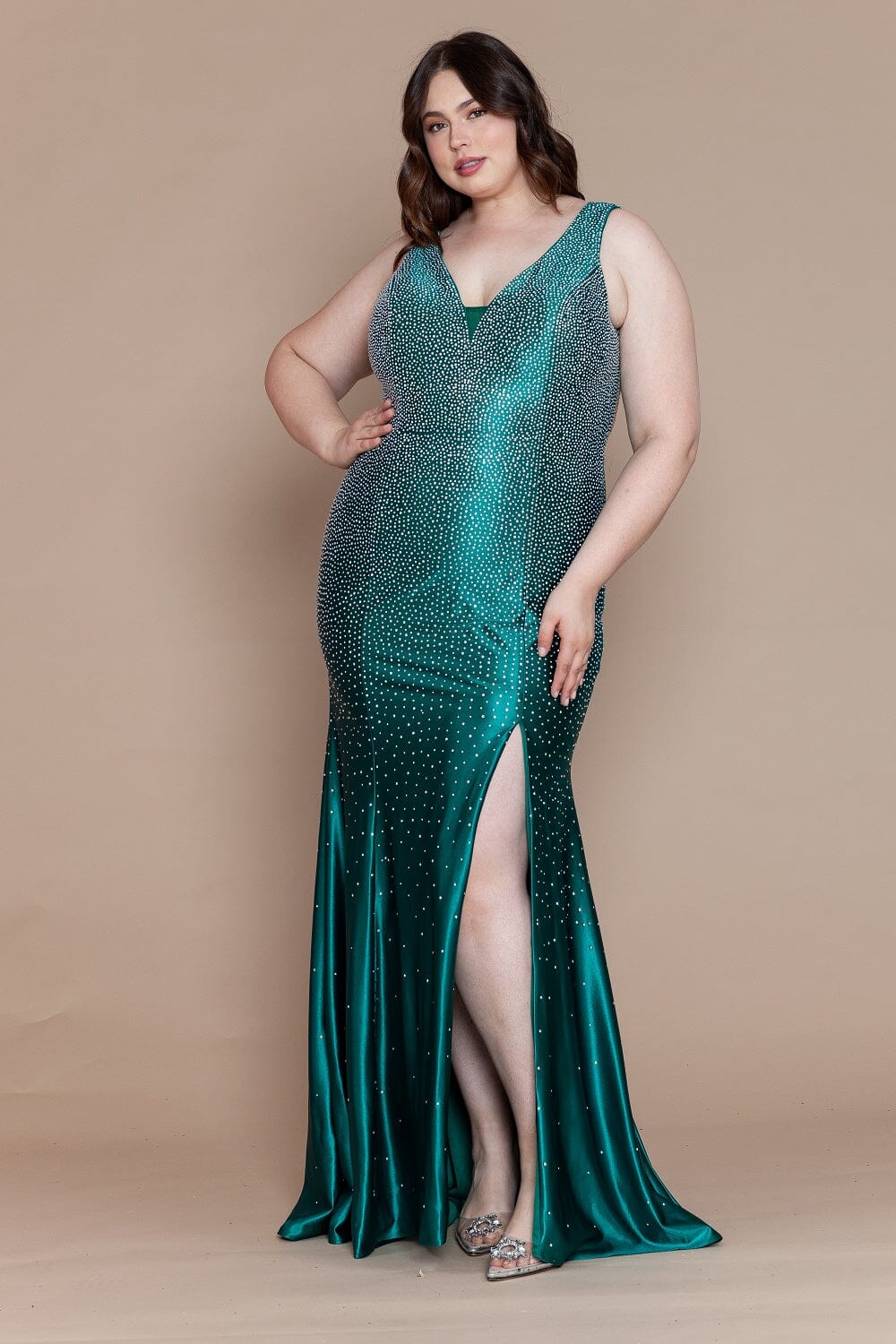 Emerald V-Neck Floor-Length Sequin Jersey Prom Gown with Lace Up Back Plus Size Dress Poly USA W1130