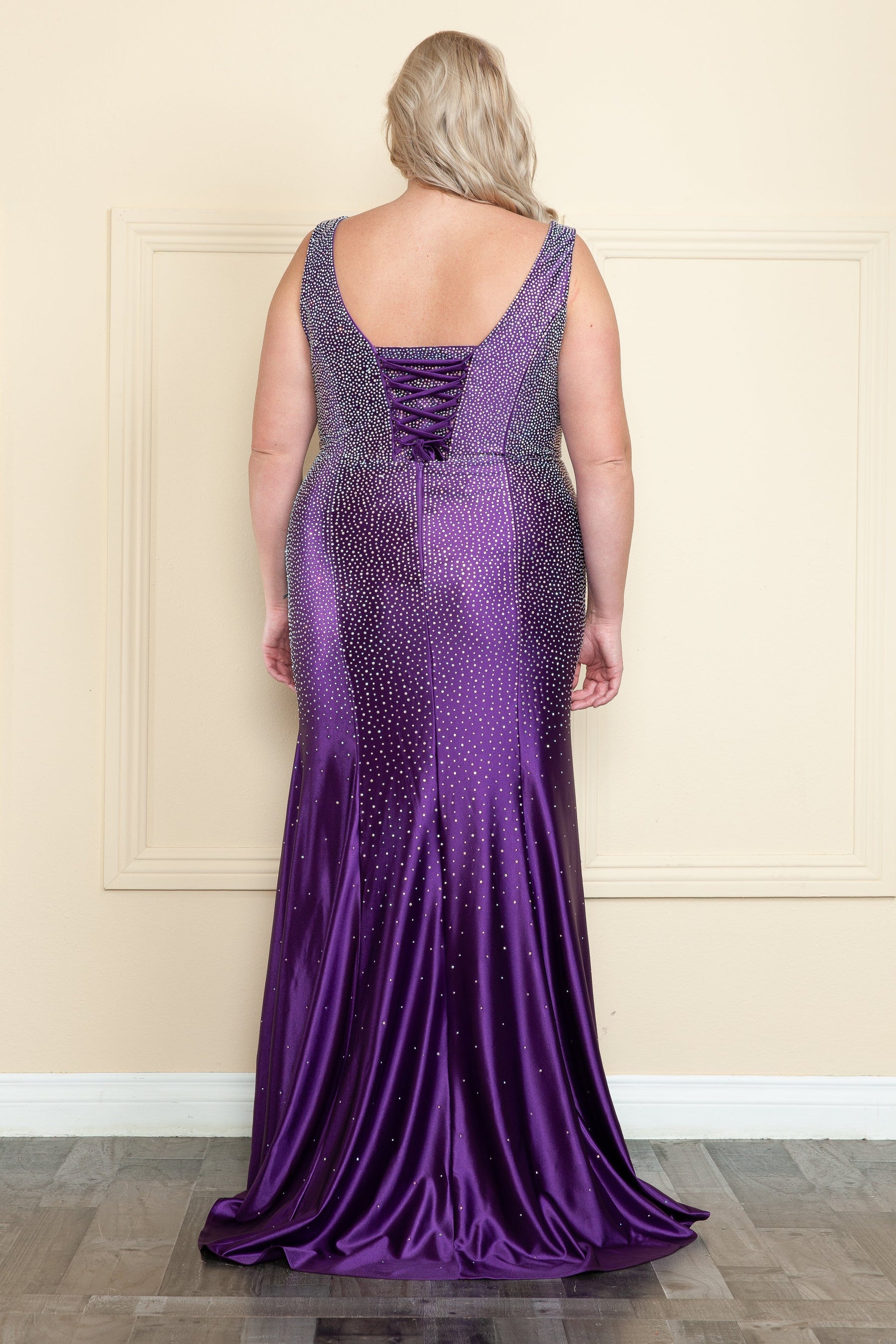 Purple V-Neck Floor-Length Sequin Jersey Prom Gown with Lace Up Back Plus Size Dress Poly USA W1130