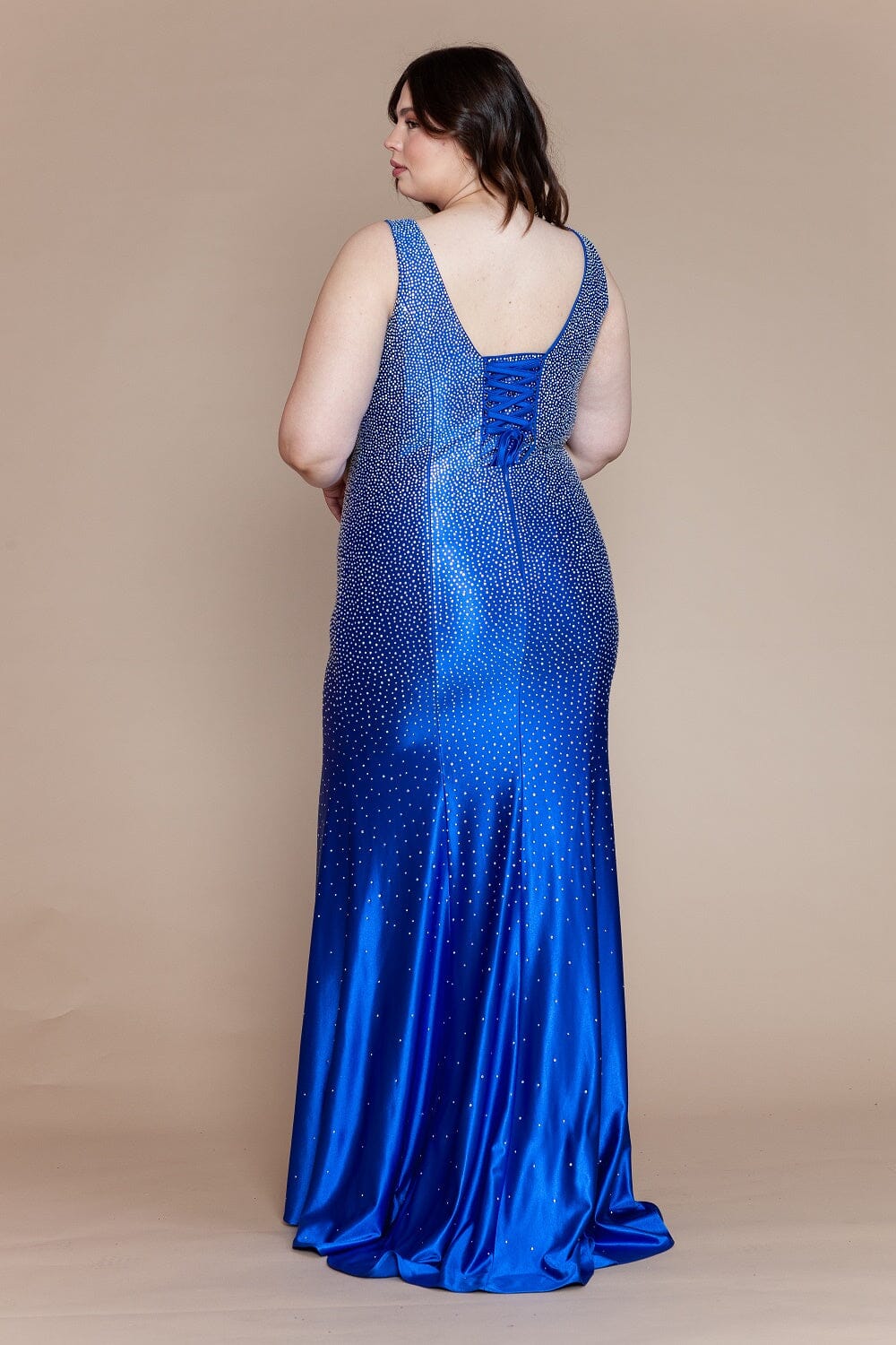 Royal V-Neck Floor-Length Sequin Jersey Prom Gown with Lace Up Back Plus Size Dress Poly USA W1130