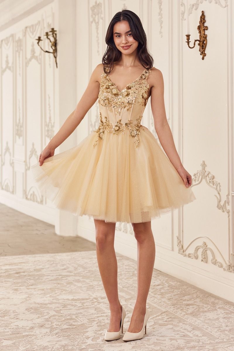 Ladivine CY019 Homecoming Short Sequin Applique Cocktail Dress - Champagne / L Ladivine CY019 Homecoming Short Sequin Applique Cocktail Dress - Champagne / L