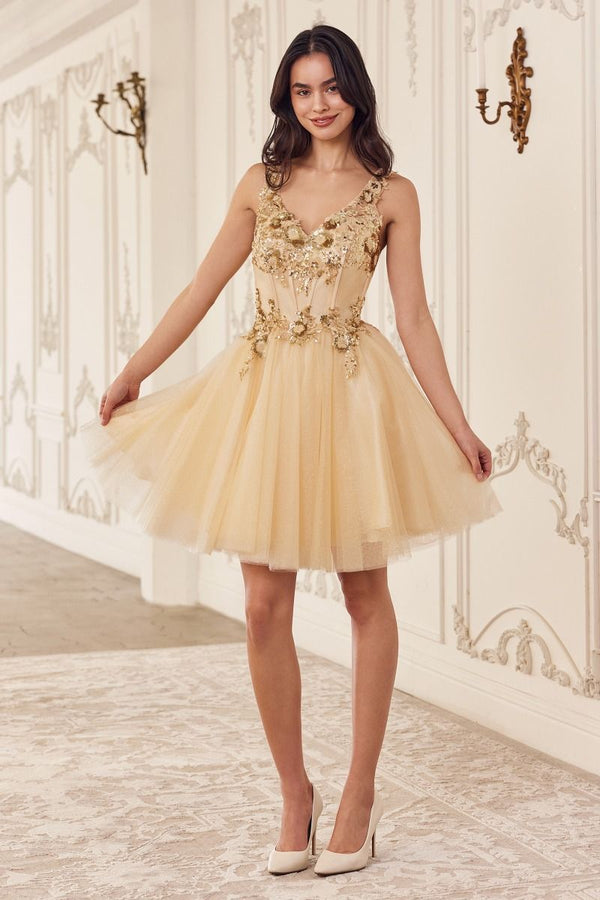 LaDivine CY019 Homecoming Short Sequin Applique Cocktail Dress