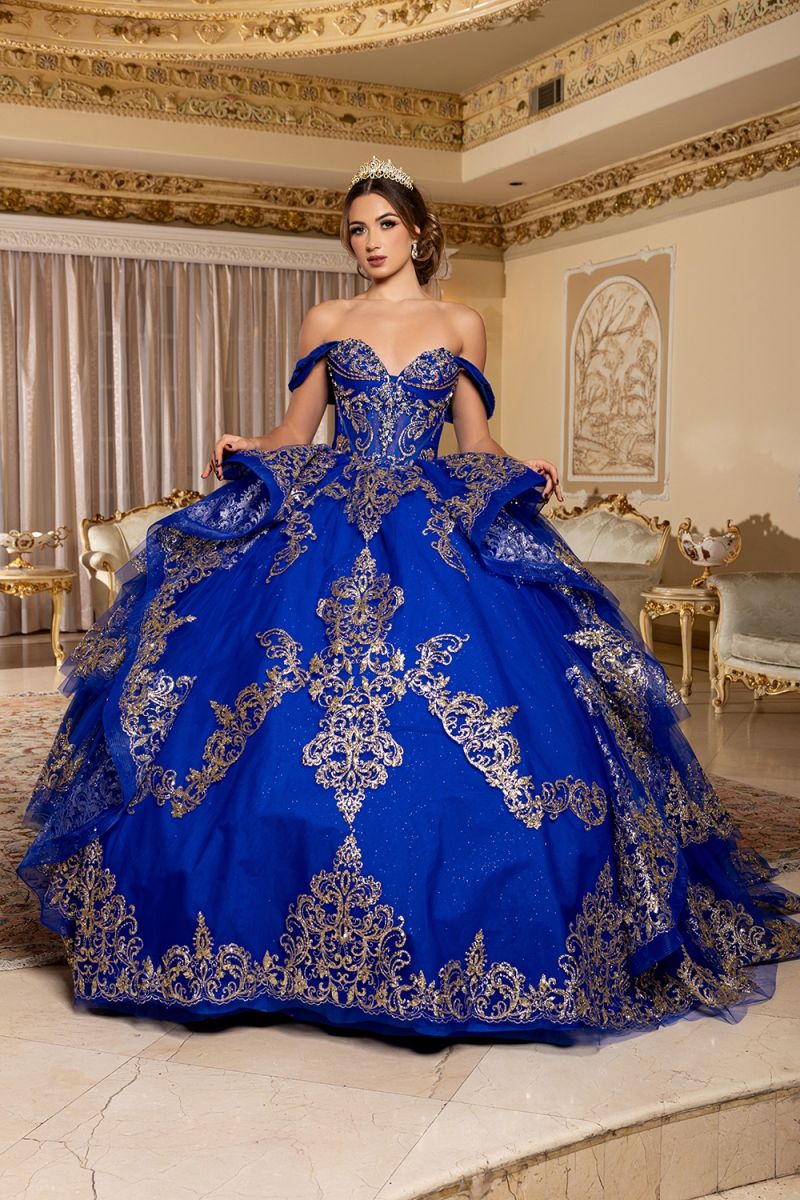 Off-the-Shoulder Floor-Length with Train Tulle Quinceañera Ball Gown May Queen LK302